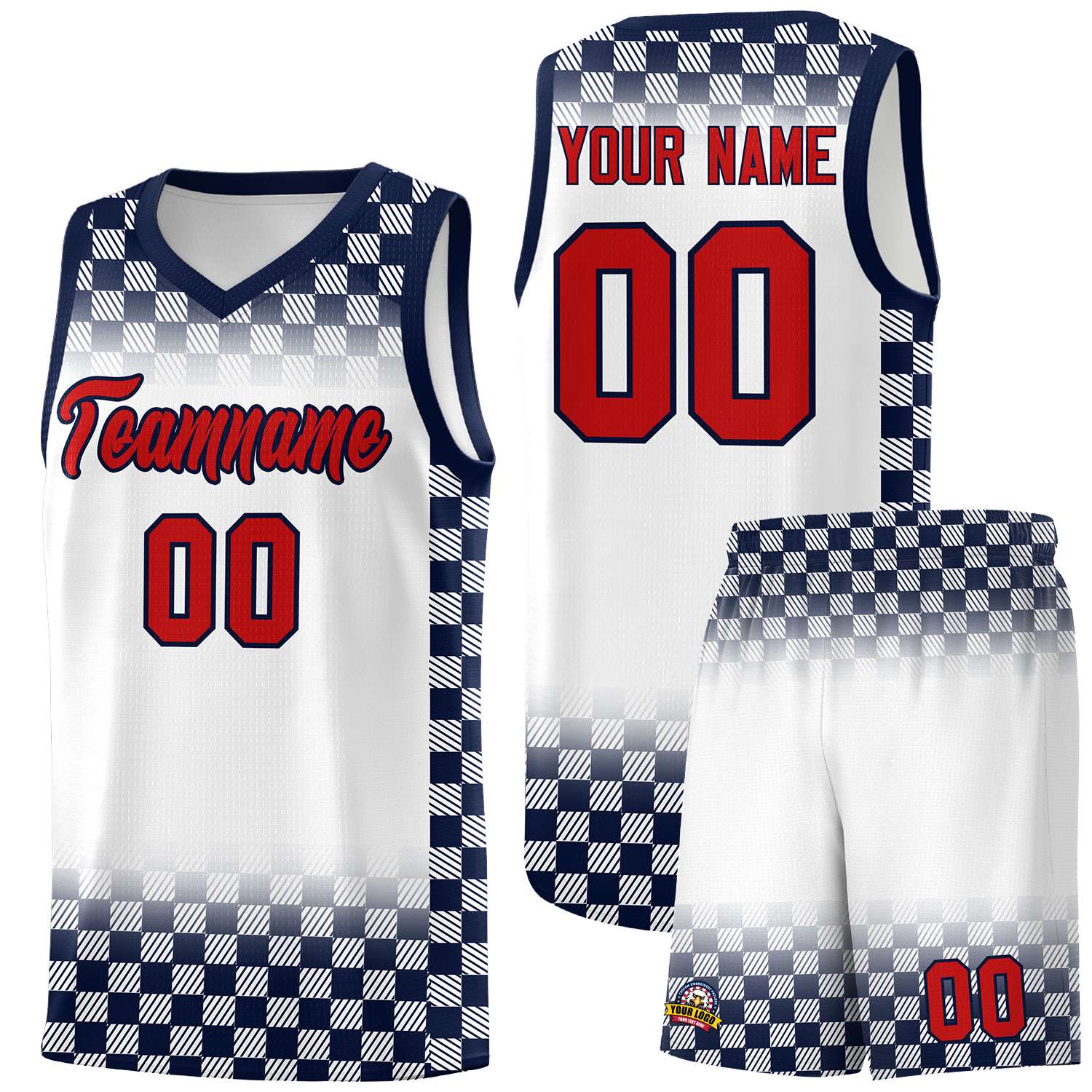 Custom White Navy Classic Plaid Pattern Sports Uniform Basketball Jersey