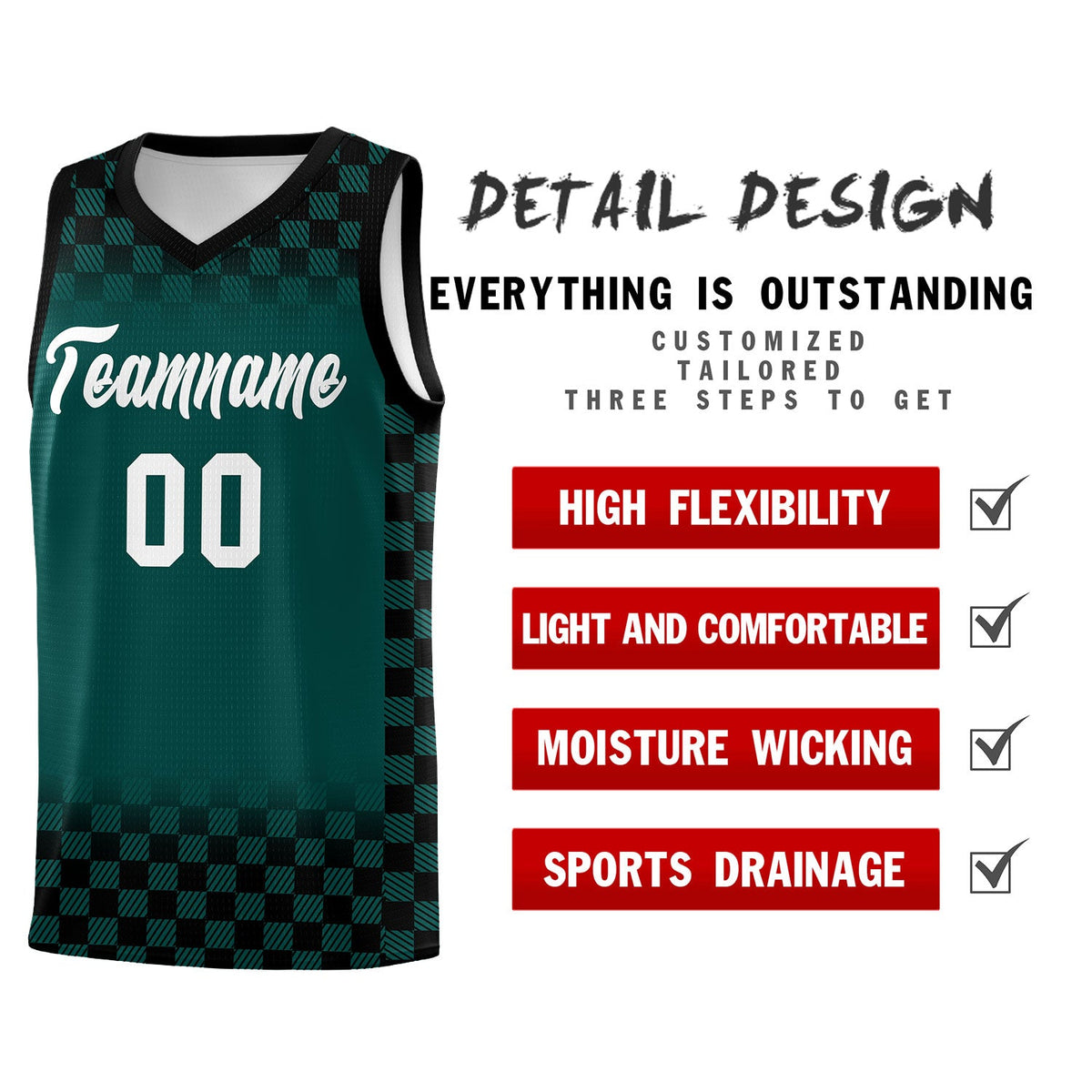 Custom Midnight Green Black Classic Plaid Pattern Sports Uniform Basketball Jersey