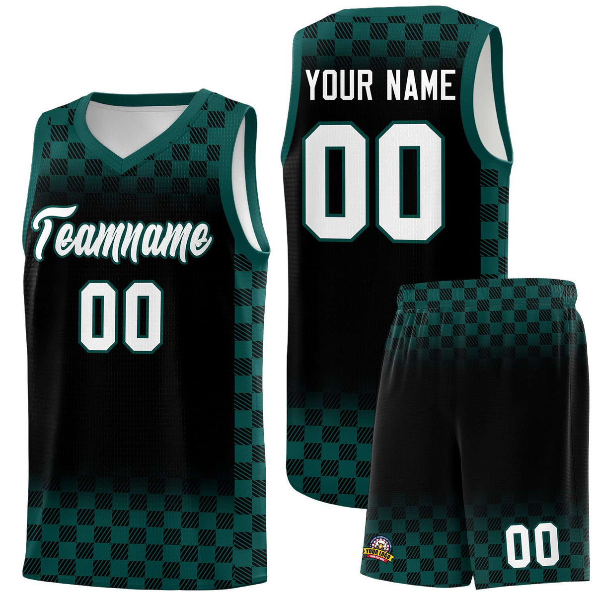 Custom Black Midnight Green Classic Plaid Pattern Sports Uniform Basketball Jersey