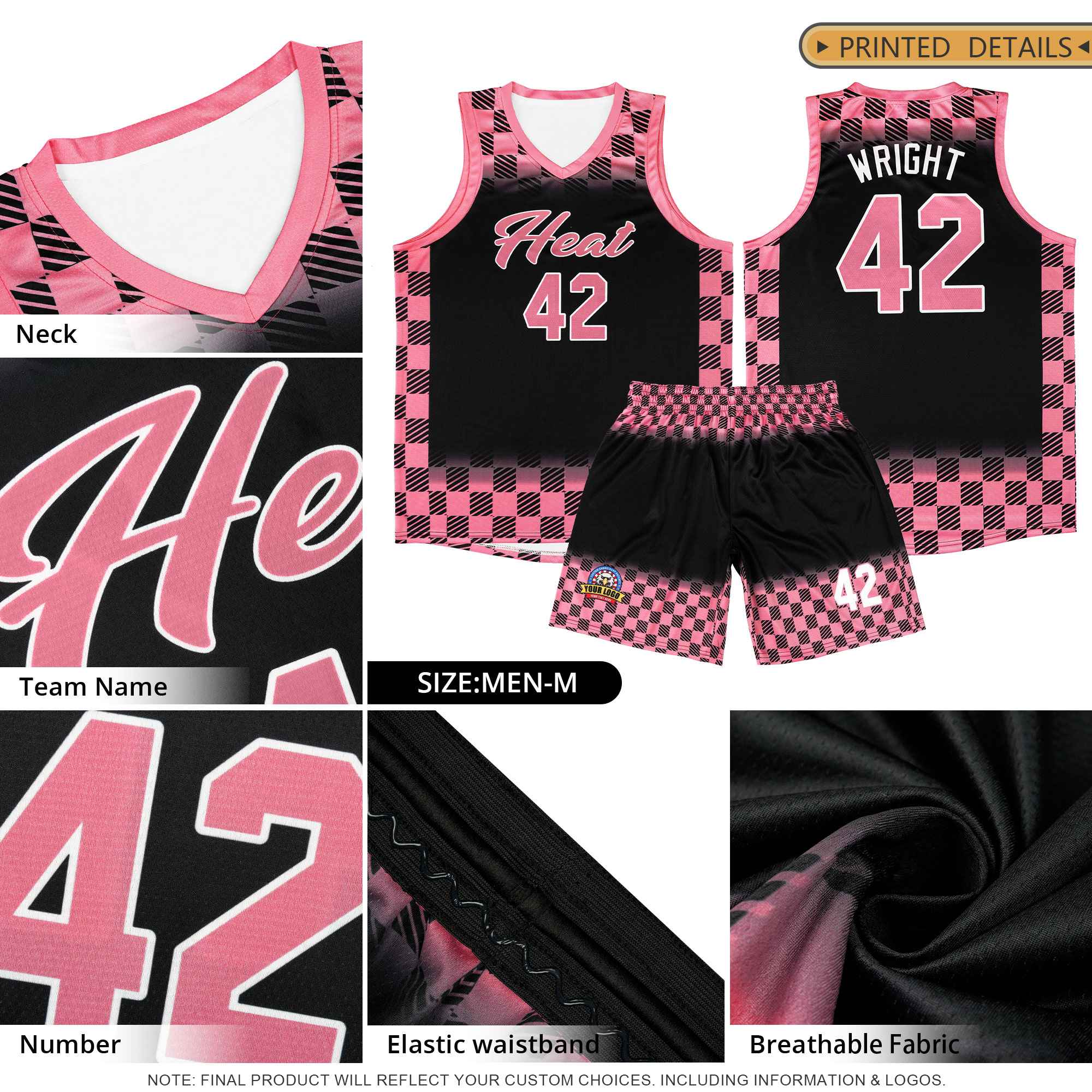 Custom Neon Green Pink Classic Plaid Pattern Sports Uniform Basketball Jersey
