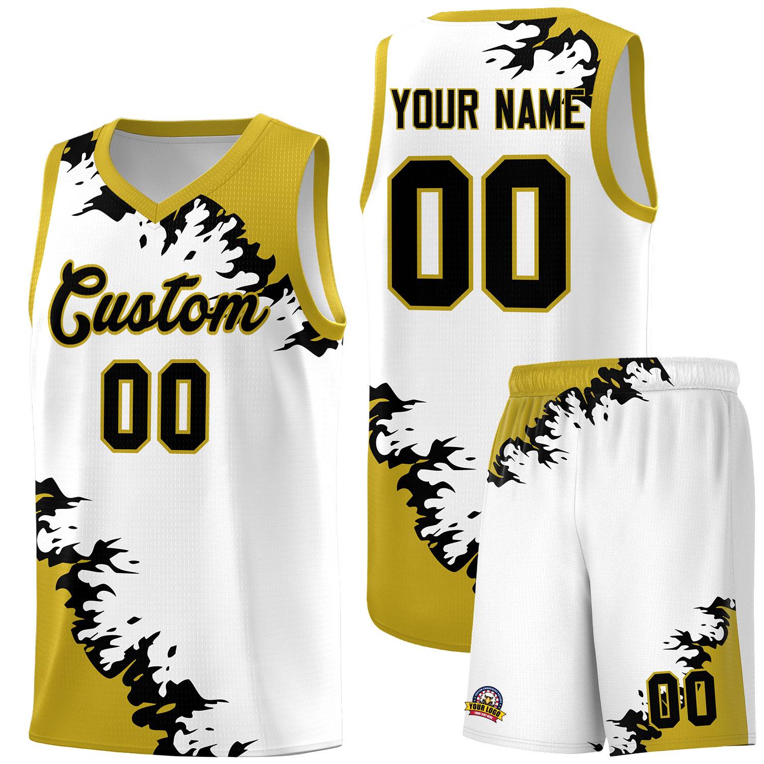 Custom White Old Gold-Black Sparkle Print Pattern Basketball Kits