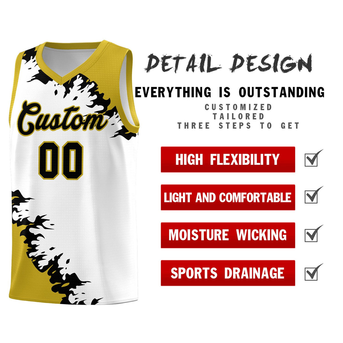 Custom White Old Gold-Black Sparkle Print Pattern Basketball Kits