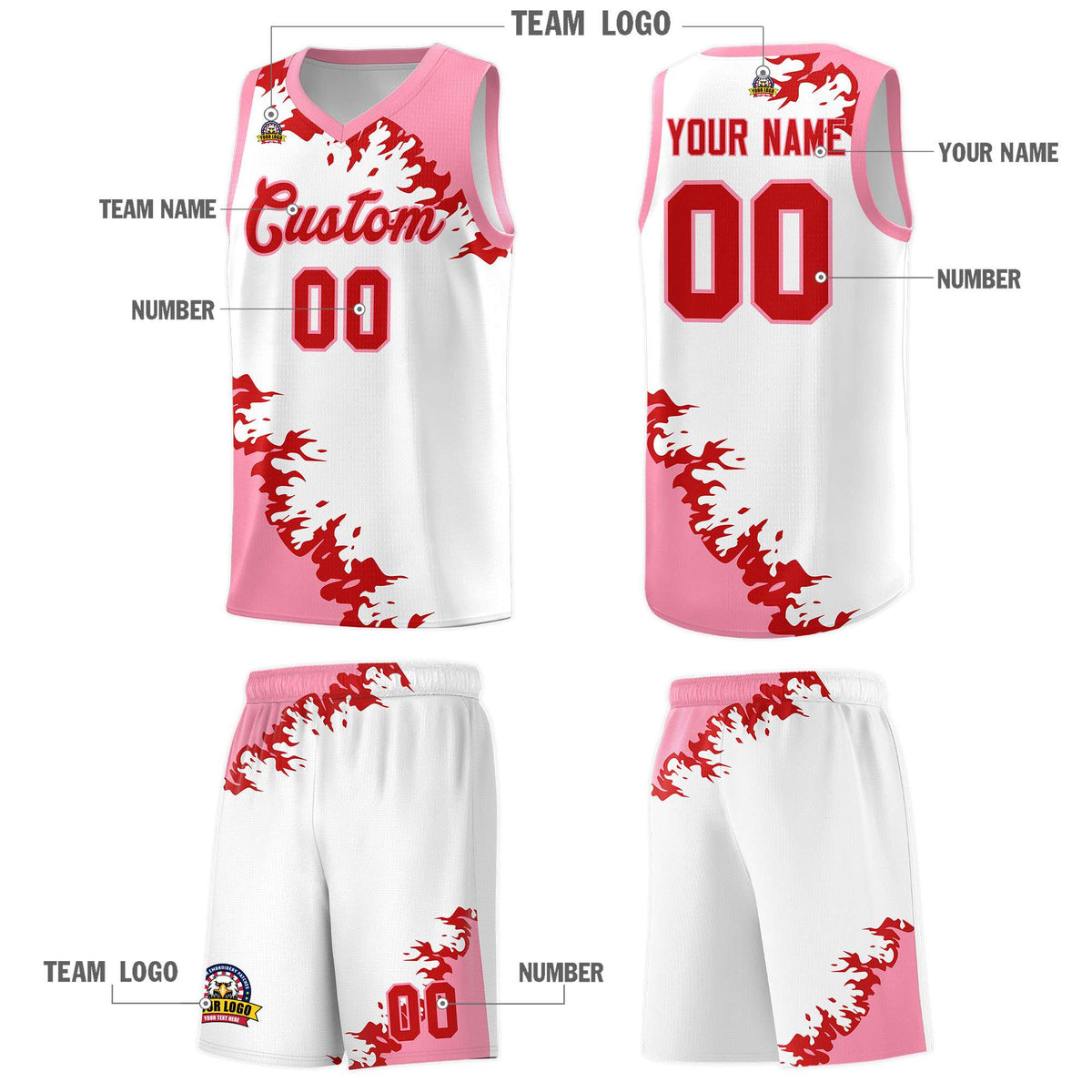 Custom White Light Pink-Red Sparkle Print Pattern Basketball Kits