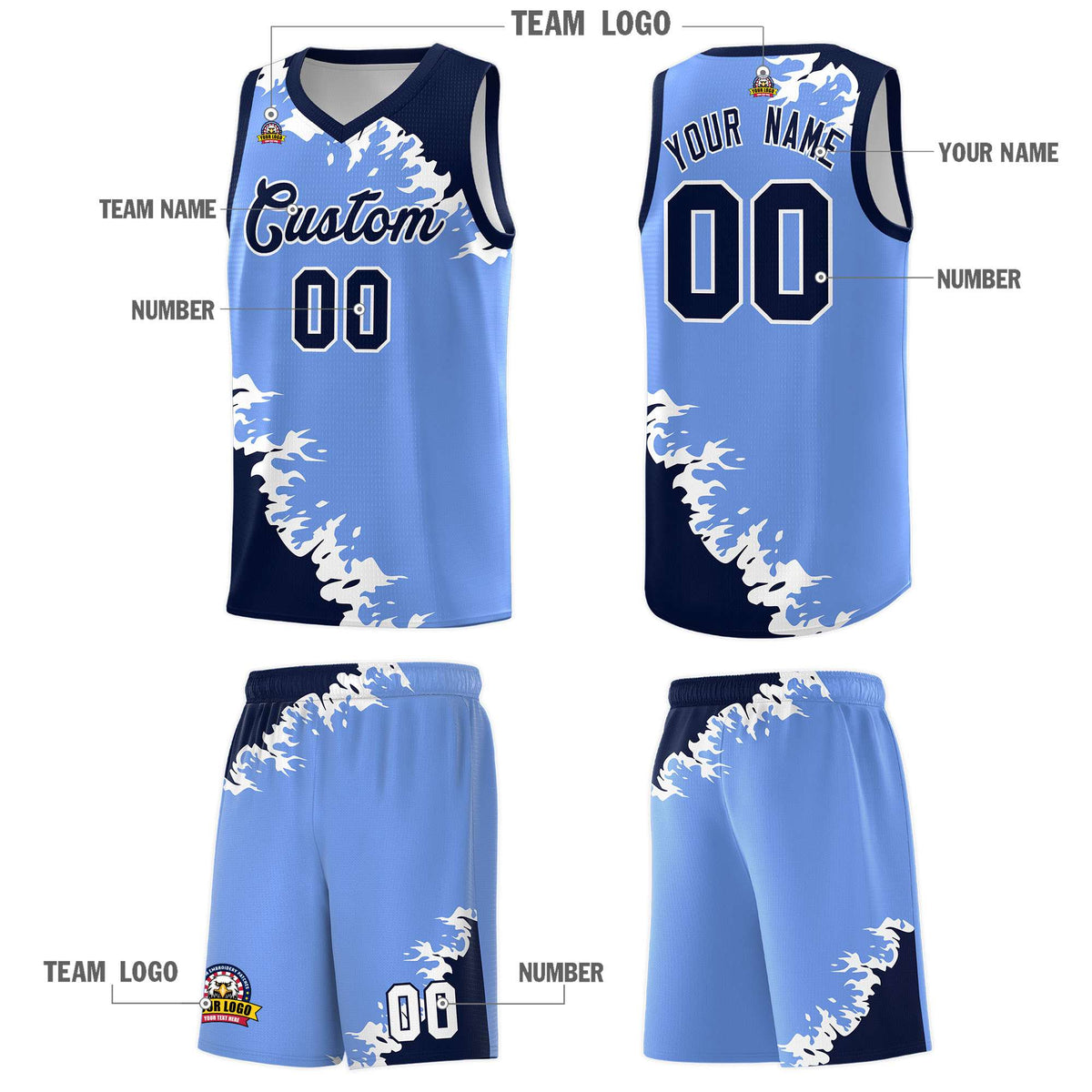 Custom Light Blue Navy-White Sparkle Print Pattern Basketball Kits