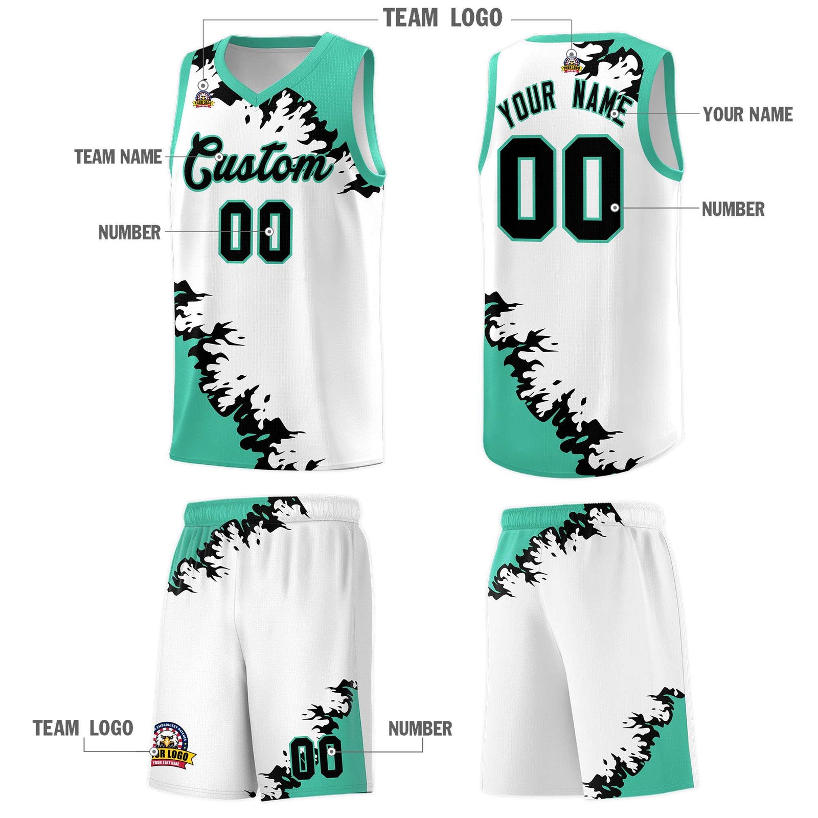 Custom White Black-Bright Green Sparkle Print Pattern Basketball Kits
