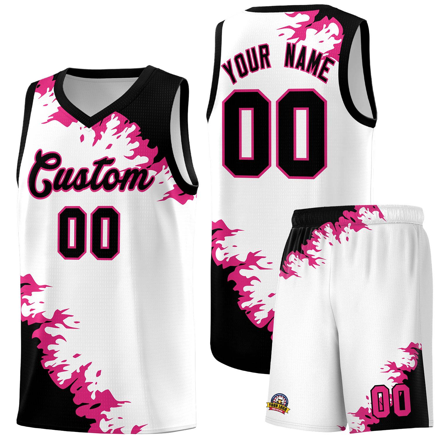 Custom White Black-Rose Red Sparkle Print Pattern Basketball Kits