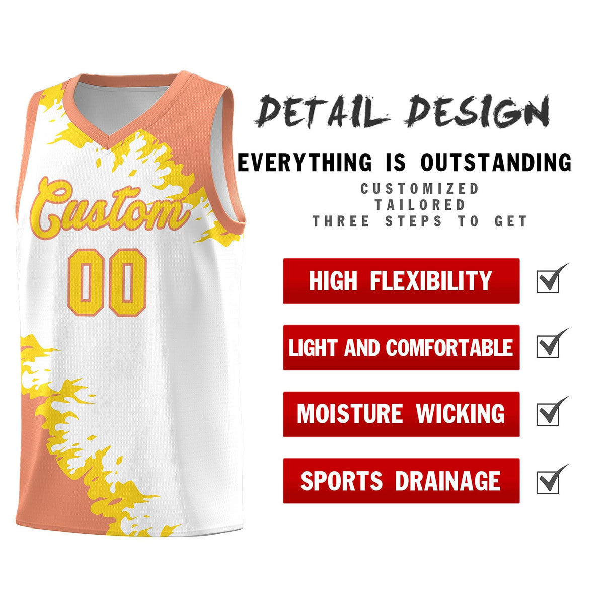 Custom White Light Orange-Gold Sparkle Print Pattern Basketball Kits