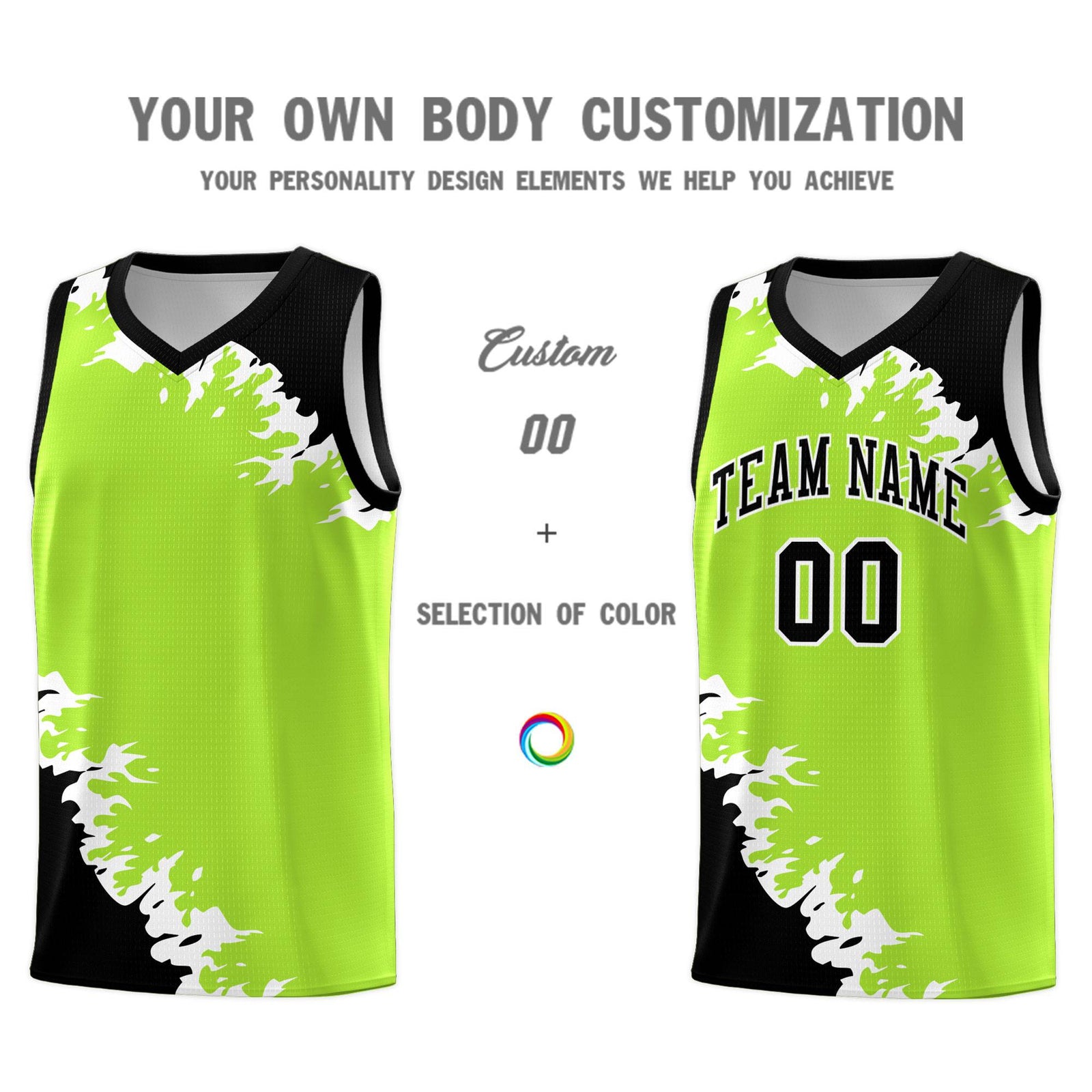 Custom Neon Green Black-White Sparkle Print Pattern Basketball Kits