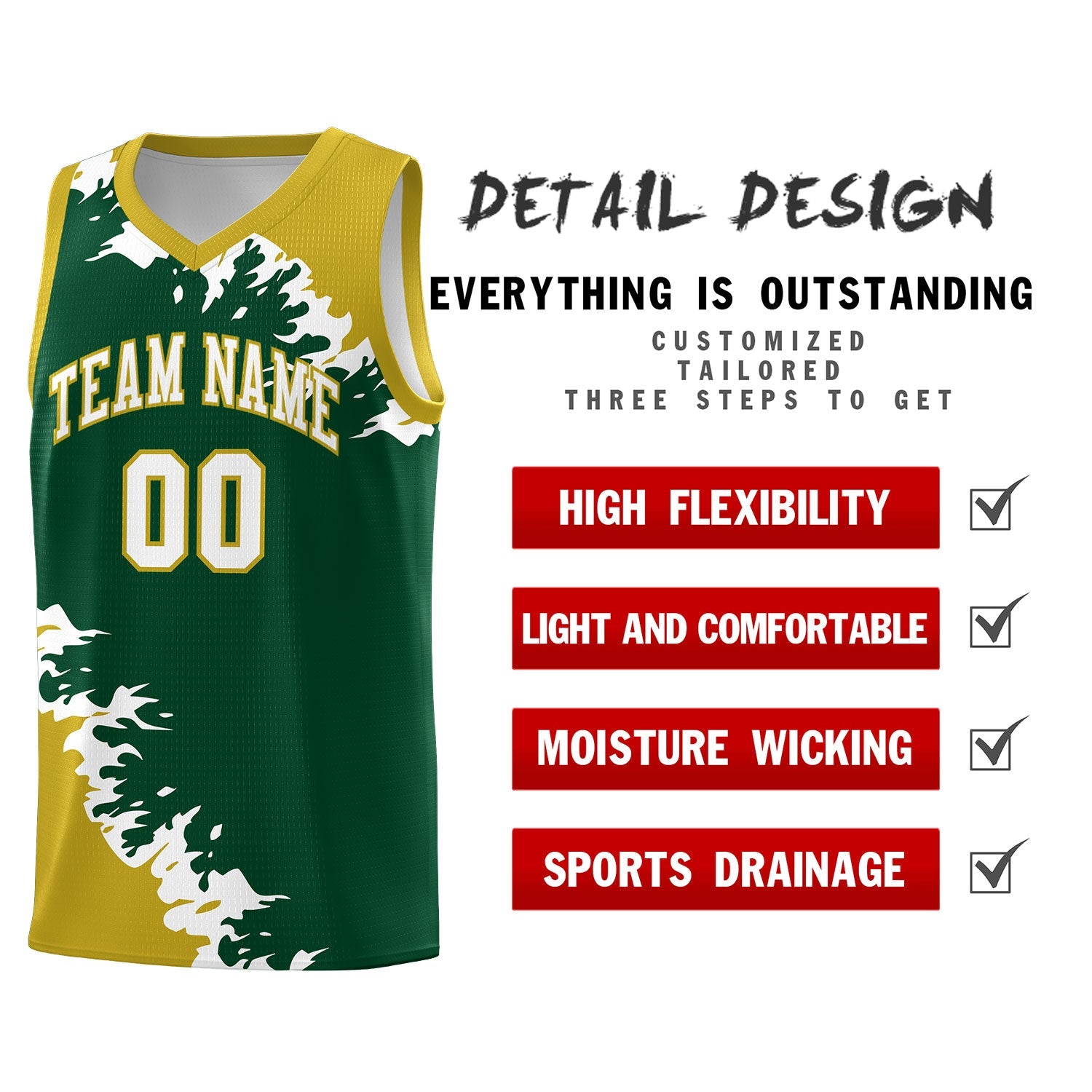 Custom Green Old Gold-White Sparkle Print Pattern Basketball Kits