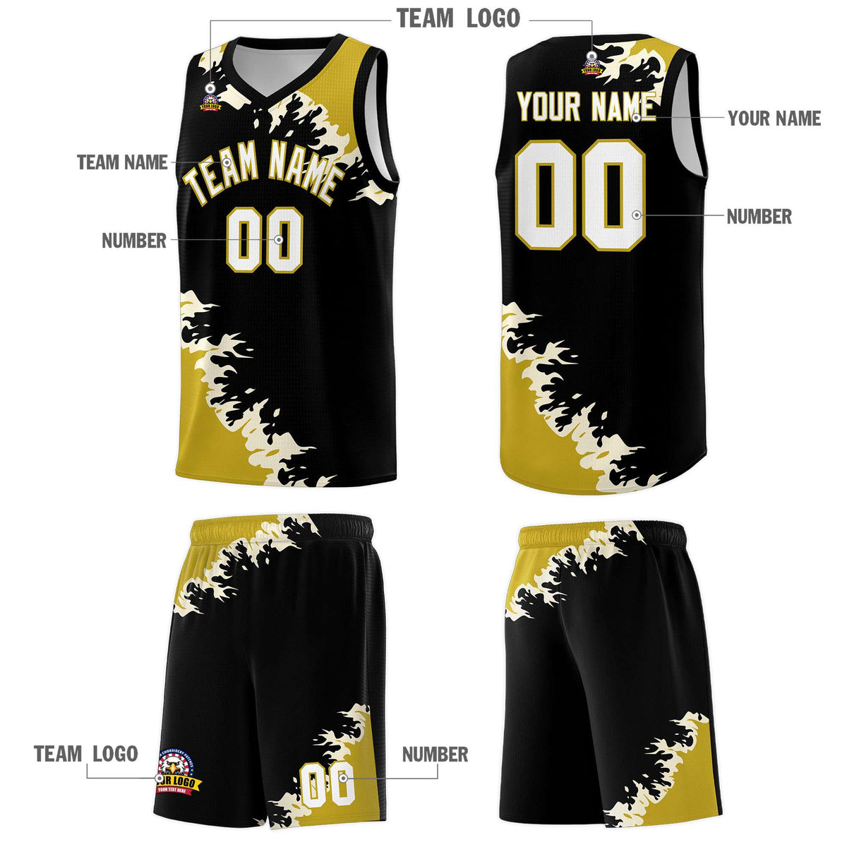 Custom Black Old Gold-Cream Sparkle Print Pattern Basketball Kits
