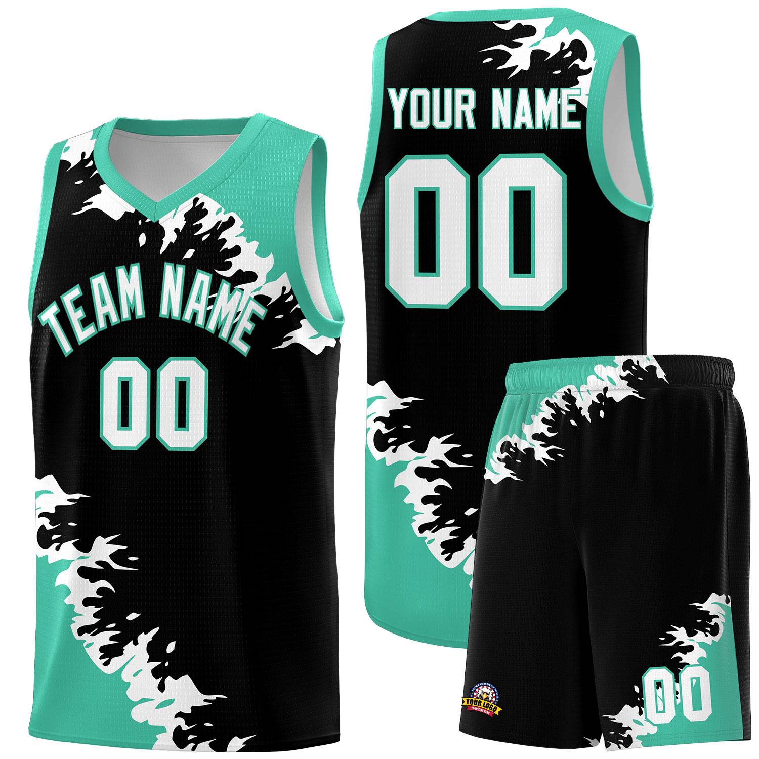 Custom Black Bright Green-White Sparkle Print Pattern Basketball Kits