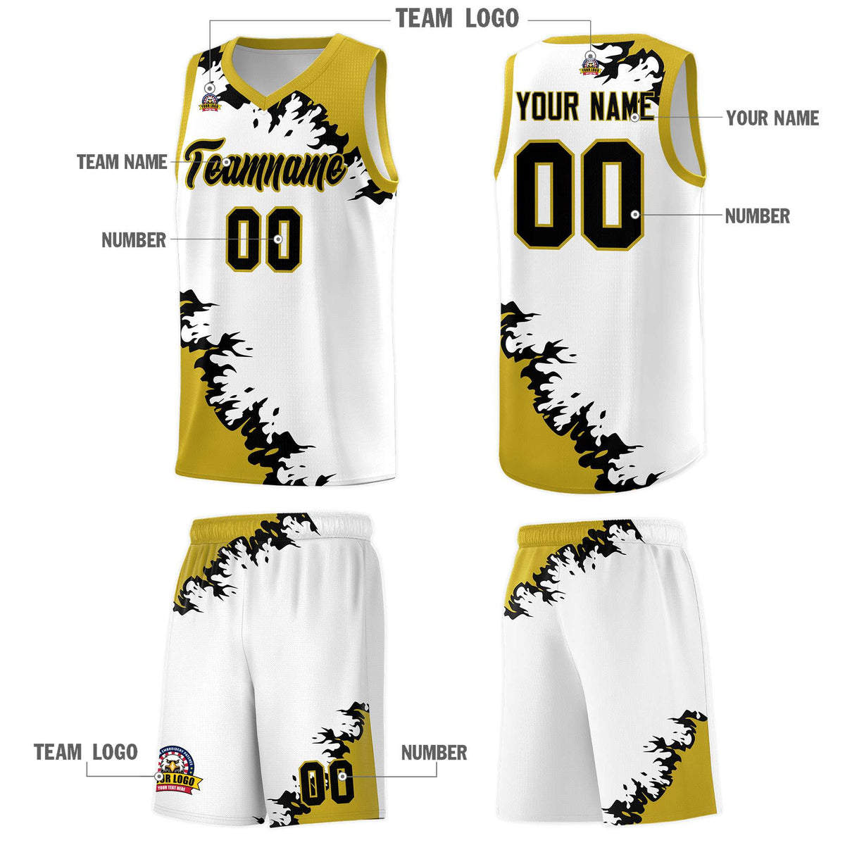 Custom White Old Gold-Black Sparkle Print Pattern Basketball Kits