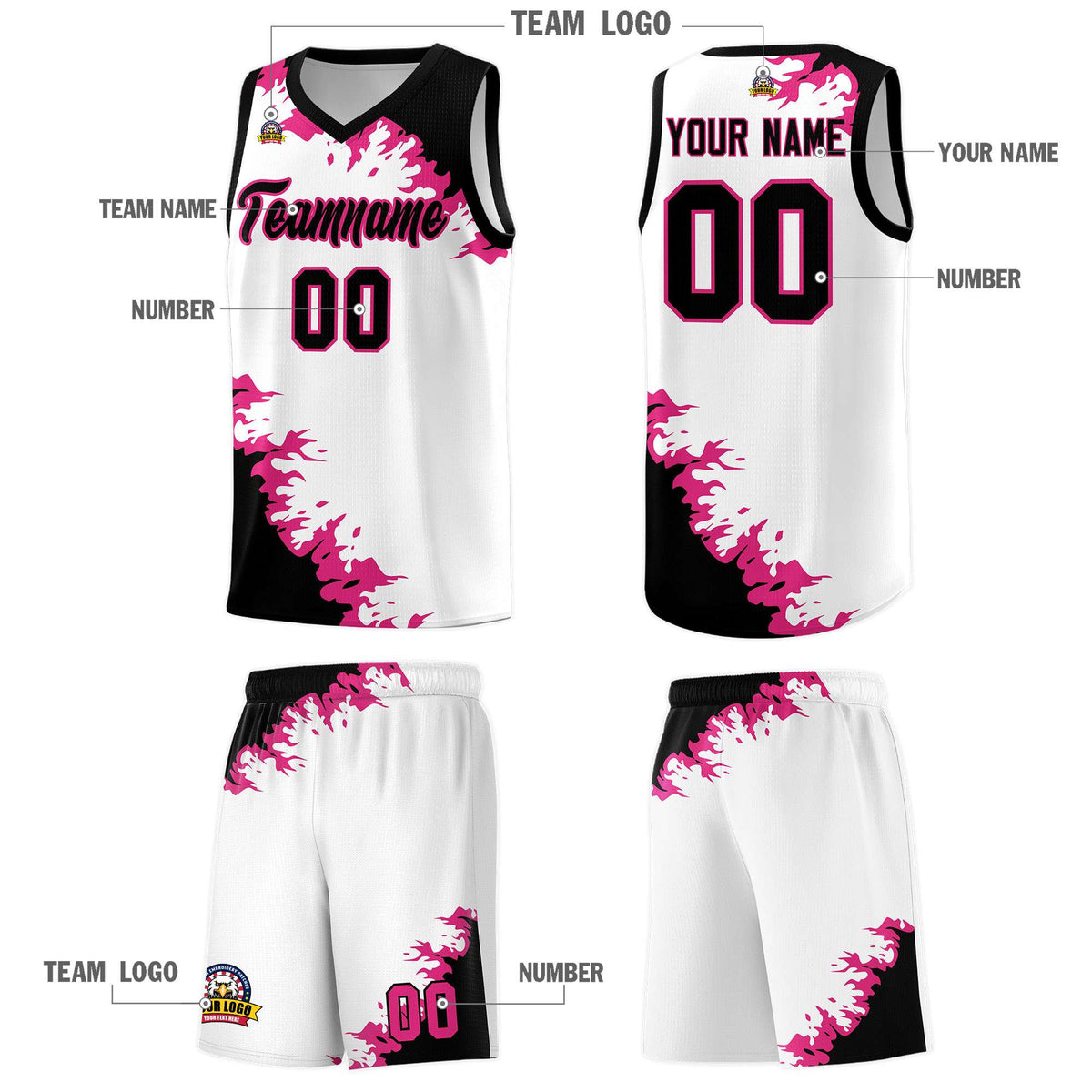 Custom White Black-Rose Red Sparkle Print Pattern Basketball Kits