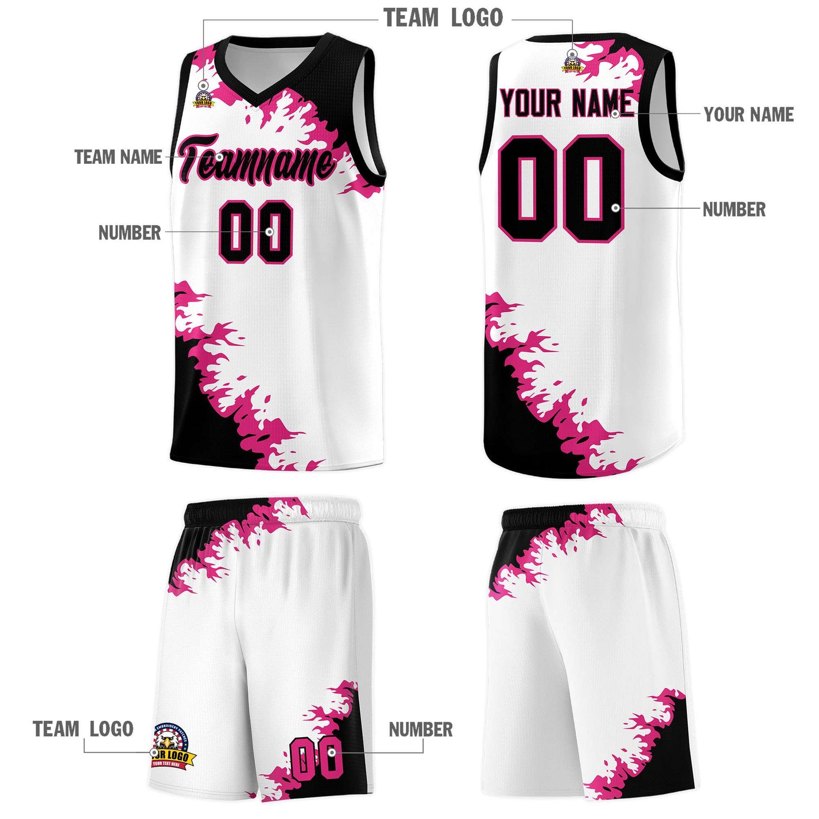 Custom White Black-Rose Red Sparkle Print Pattern Basketball Kits