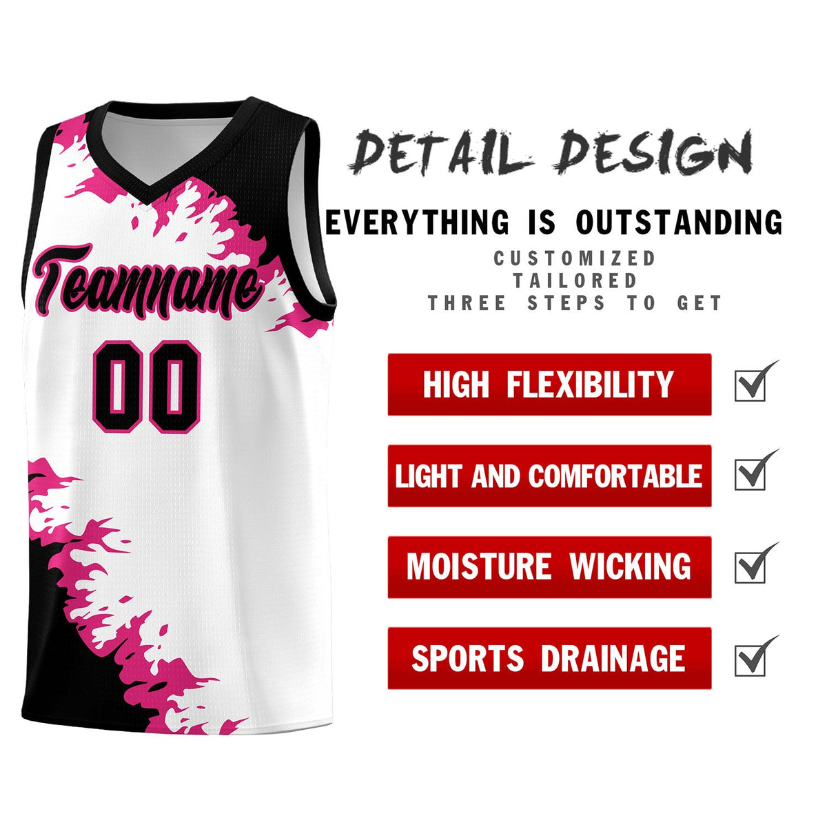 Custom White Black-Rose Red Sparkle Print Pattern Basketball Kits