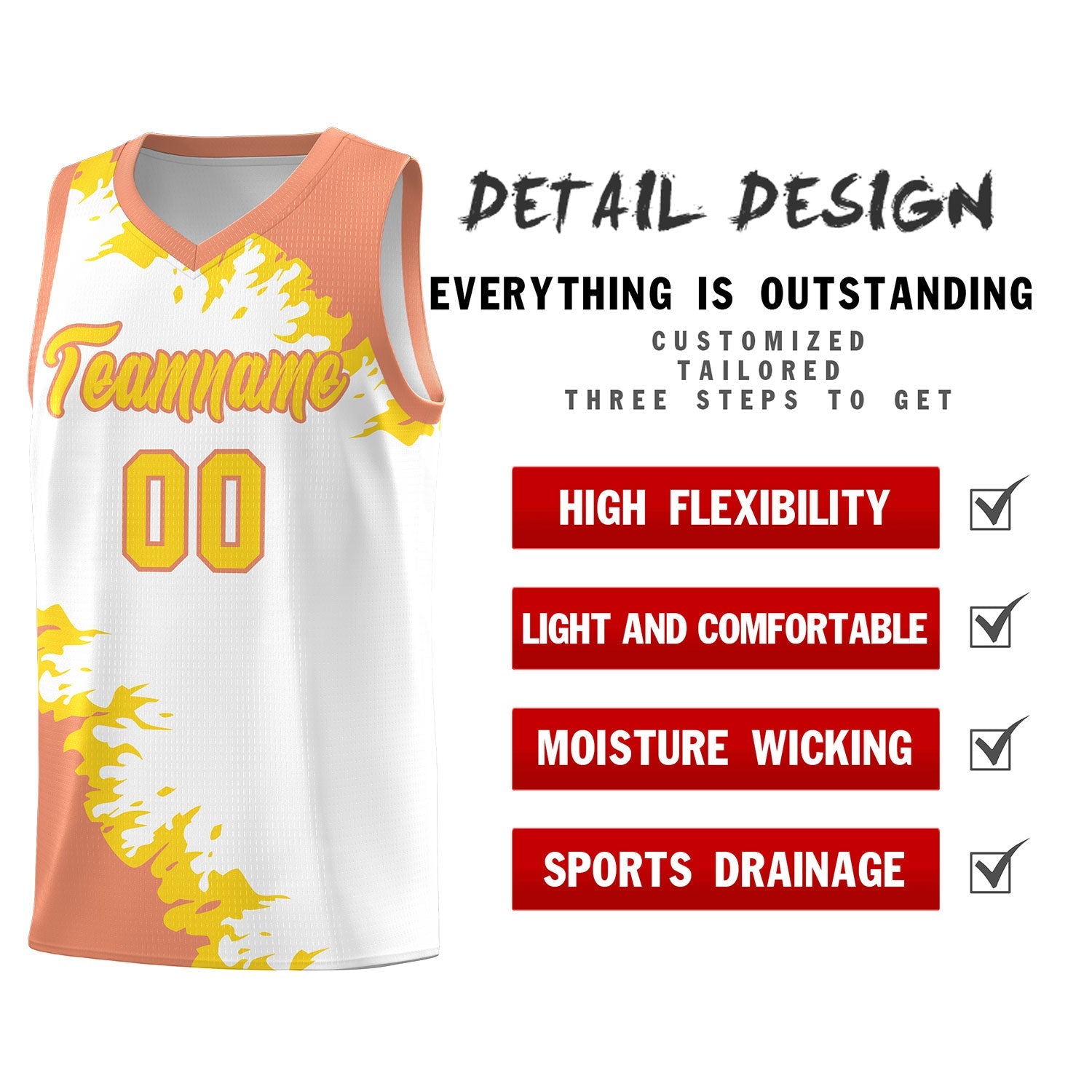 Custom White Light Orange-Gold Sparkle Print Pattern Basketball Kits