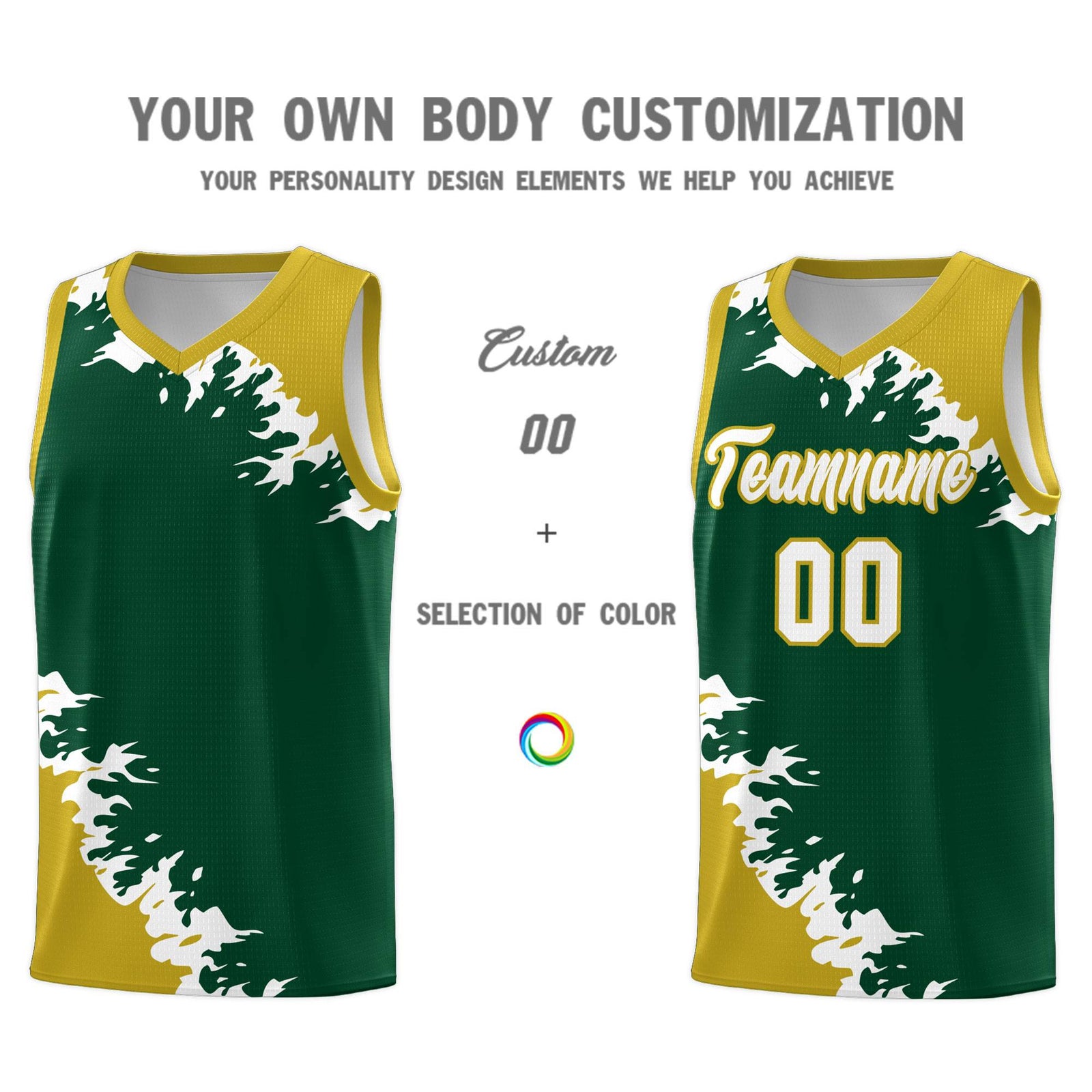 Custom Green Old Gold-White Sparkle Print Pattern Basketball Kits