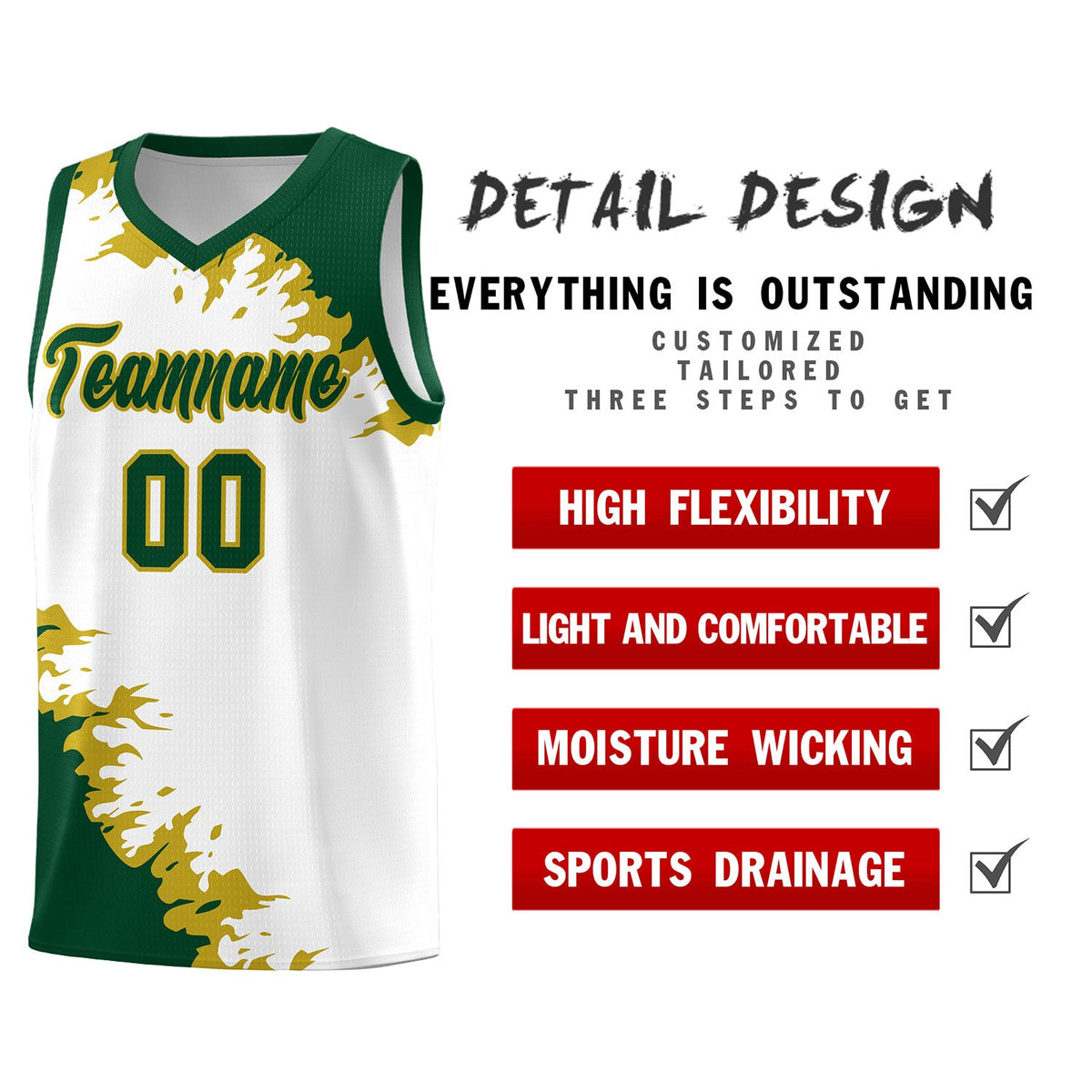 Custom White Green-Old Gold Sparkle Print Pattern Basketball Kits