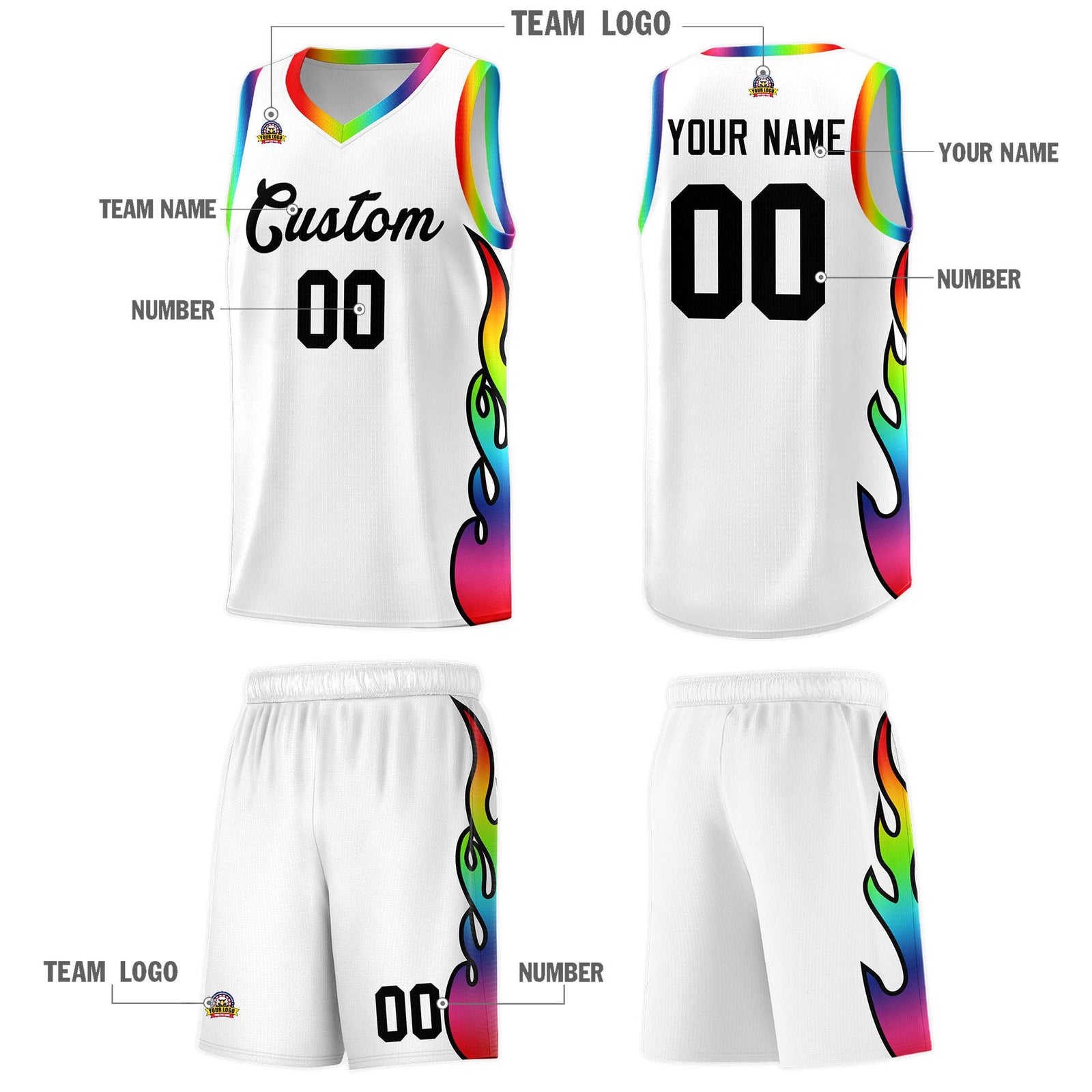 Custom White Side Flame Pattern Fashion Sports Uniform Basketball Jersey