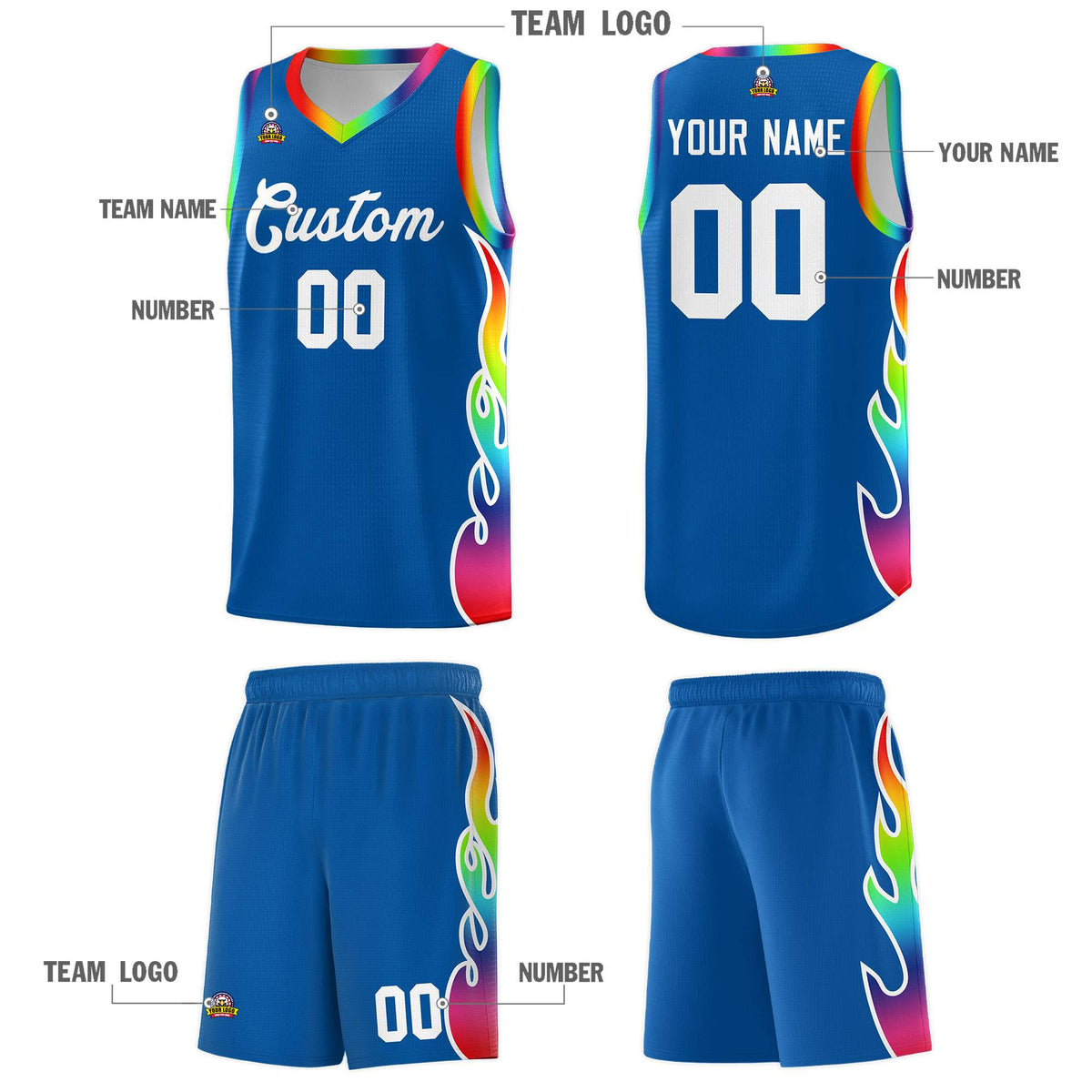 Custom Royal Side Flame Pattern Fashion Sports Uniform Basketball Jersey