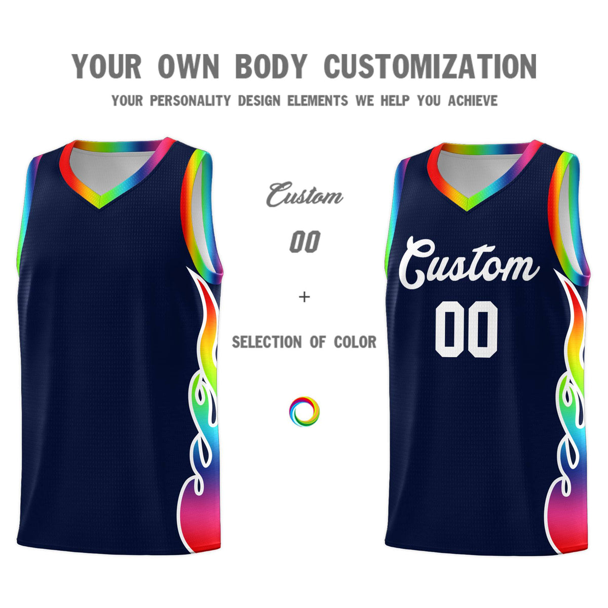 Custom Navy Side Flame Pattern Fashion Sports Uniform Basketball Jersey