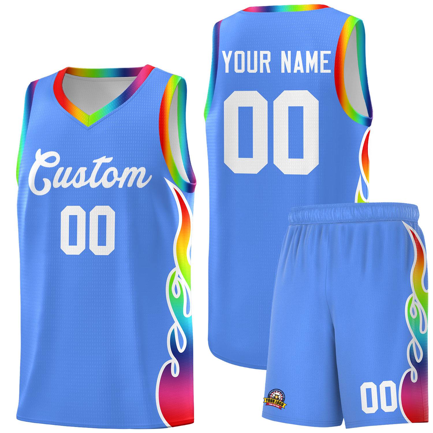 Custom Powder Blue Side Flame Pattern Fashion Sports Uniform Basketball Jersey
