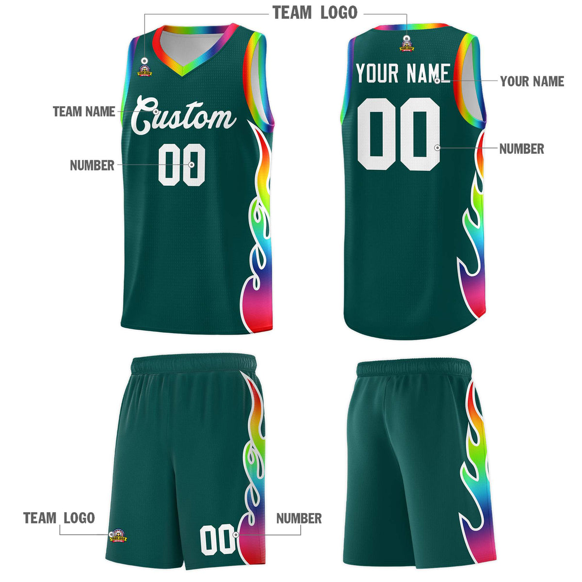 Custom Midnight Green Side Flame Pattern Fashion Sports Uniform Basketball Jersey