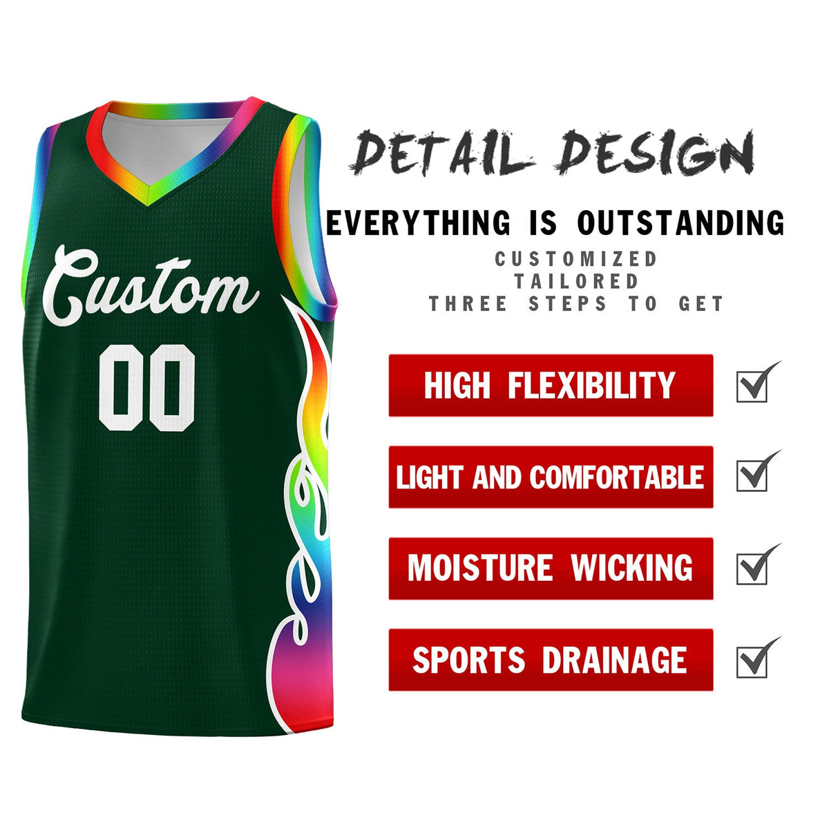 Custom Hunter Green Side Flame Pattern Fashion Sports Uniform Basketball Jersey