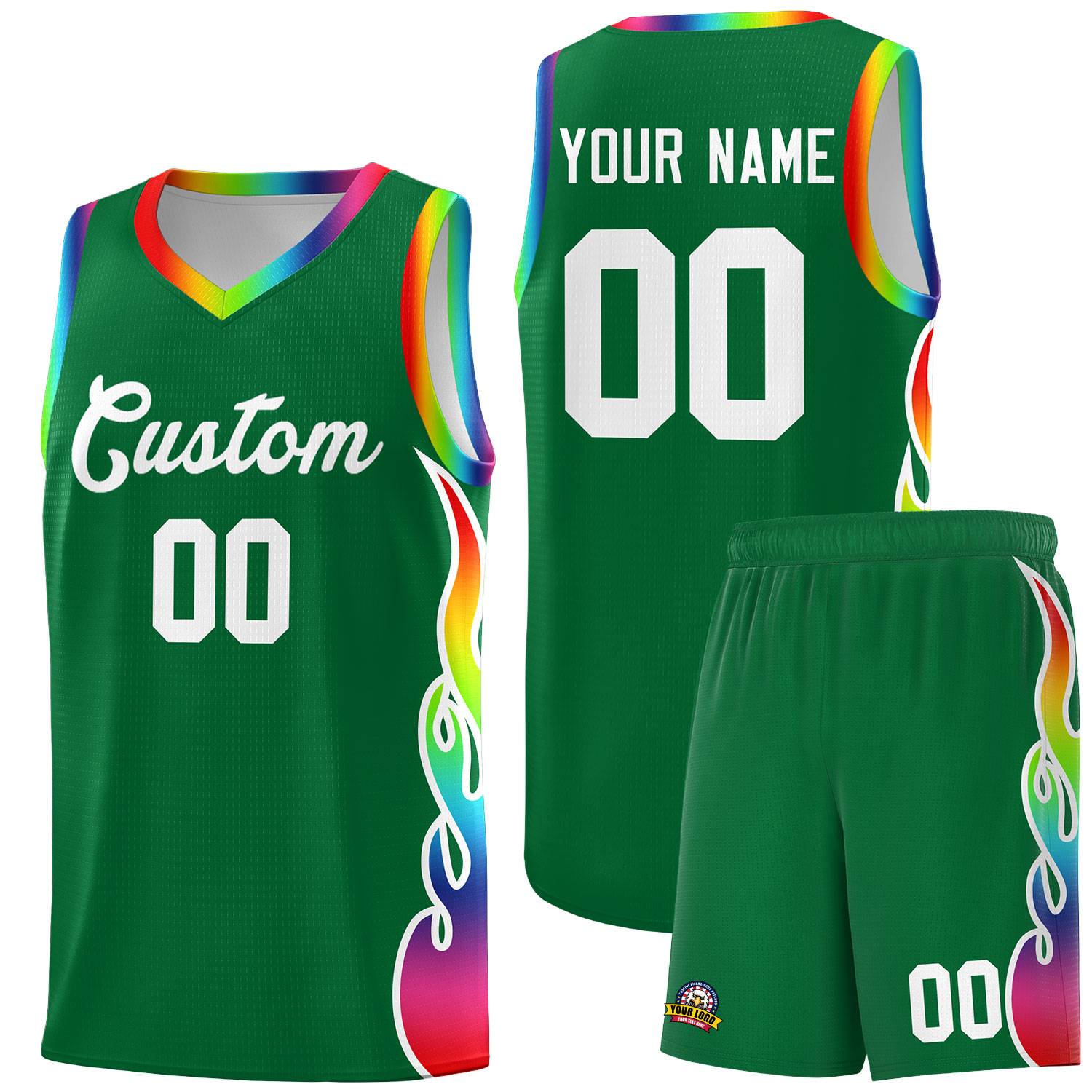 Custom Kelly Green Side Flame Pattern Fashion Sports Uniform Basketball Jersey