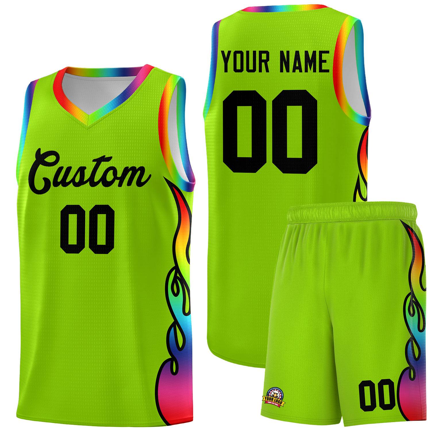 Custom Neon Green Side Flame Pattern Fashion Sports Uniform Basketball Jersey