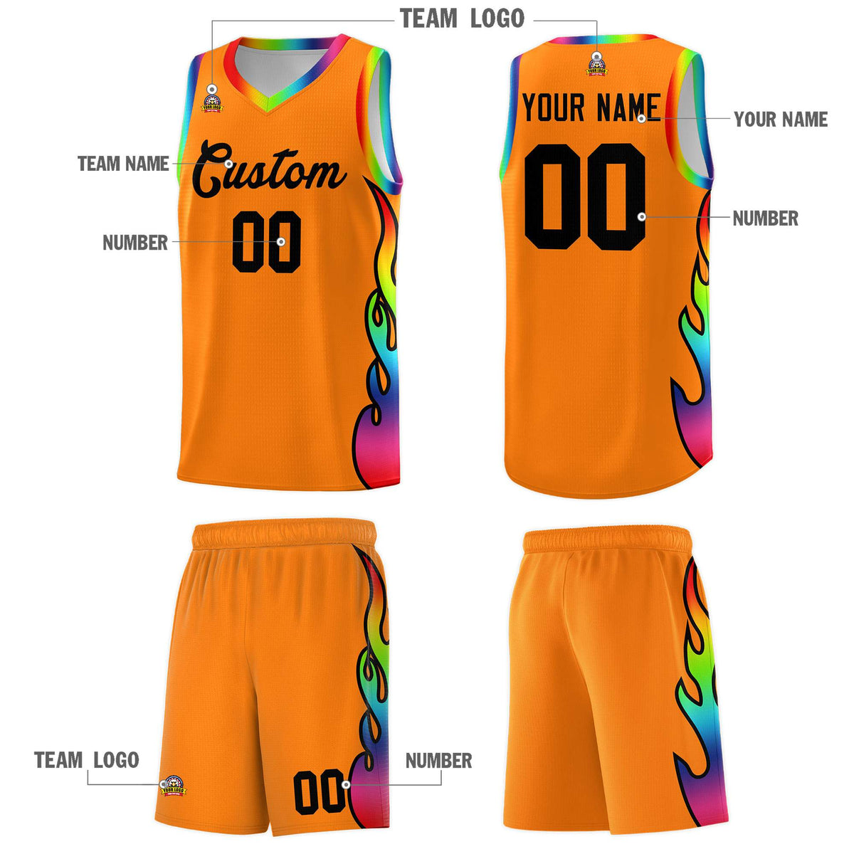 Custom Orange Side Flame Pattern Fashion Sports Uniform Basketball Jersey