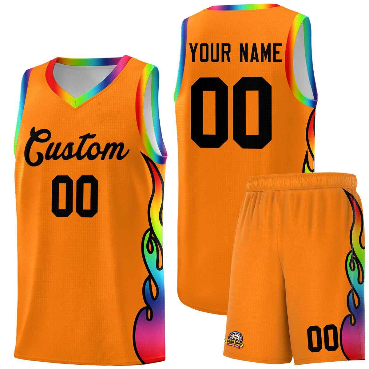 Custom Orange Side Flame Pattern Fashion Sports Uniform Basketball Jersey
