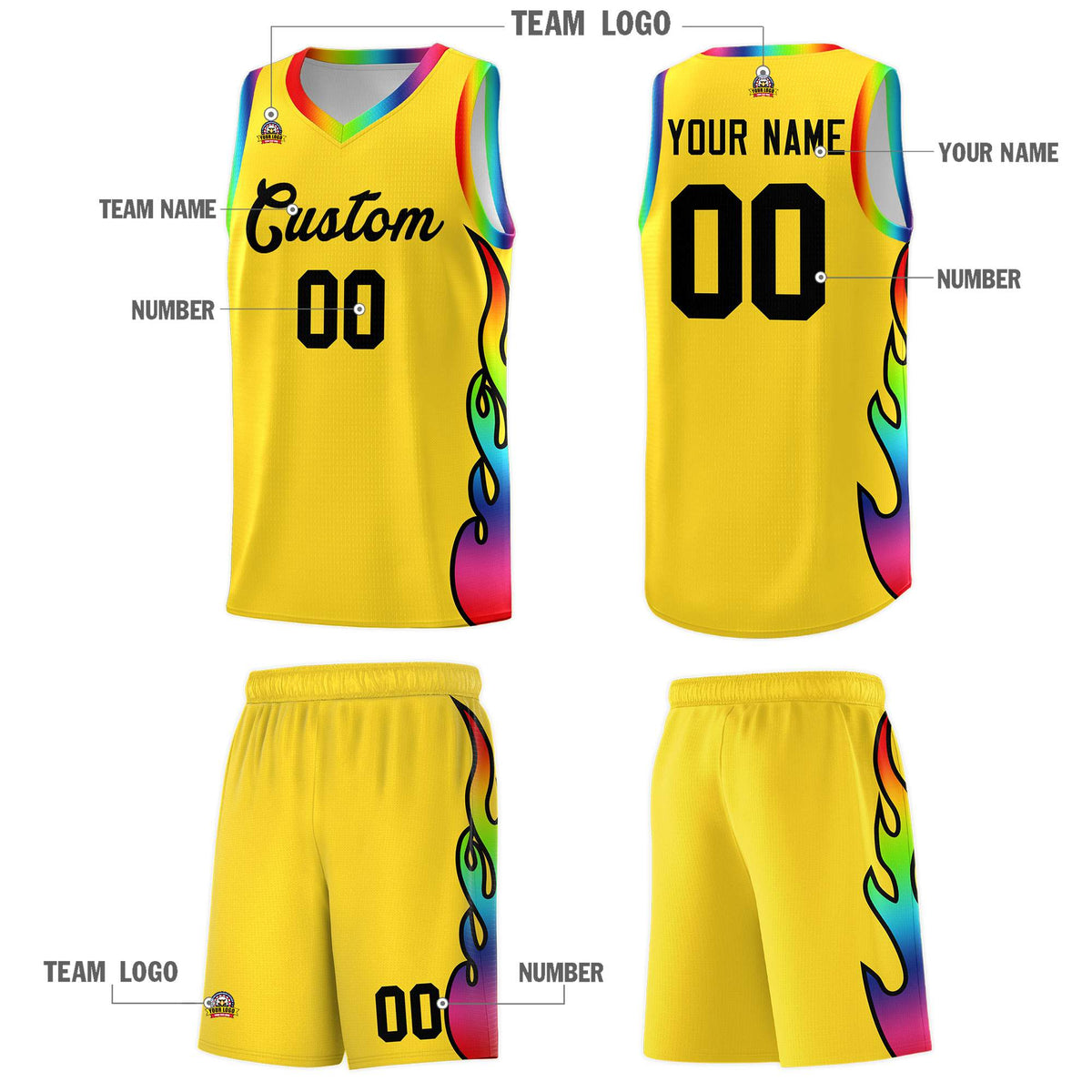 Custom Gold Side Flame Pattern Fashion Sports Uniform Basketball Jersey