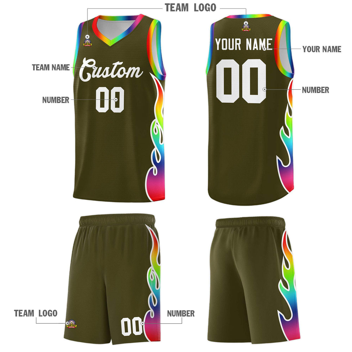 Custom Olive Side Flame Pattern Fashion Sports Uniform Basketball Jersey