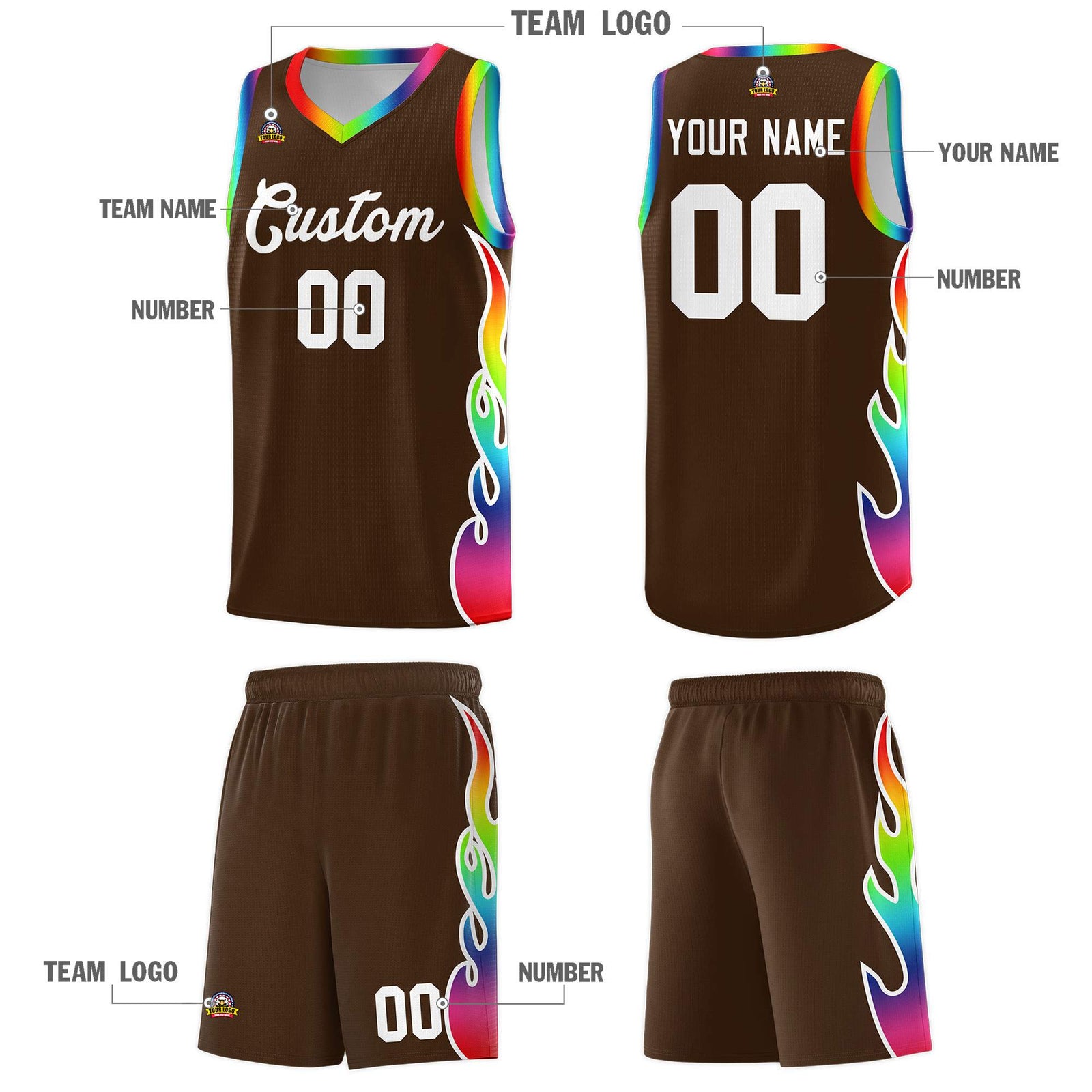 Custom Brown Side Flame Pattern Fashion Sports Uniform Basketball Jersey