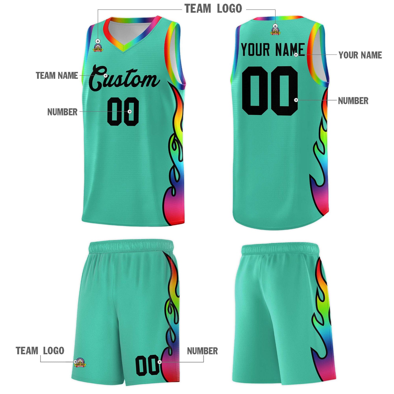 Custom Bright Green Side Flame Pattern Fashion Sports Uniform Basketball Jersey