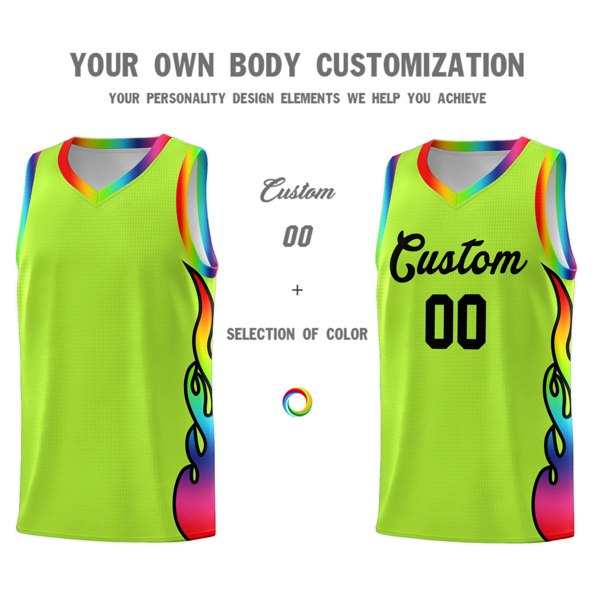 Custom Neon Green Side Flame Pattern Fashion Sports Uniform Basketball Jersey