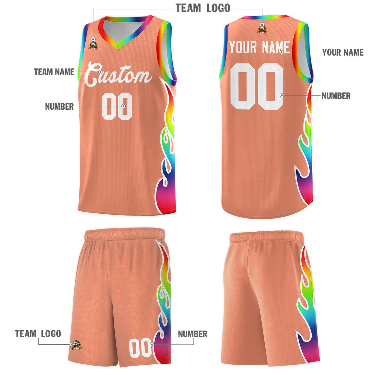 Custom Light Orange Side Flame Pattern Fashion Sports Uniform Basketball Jersey