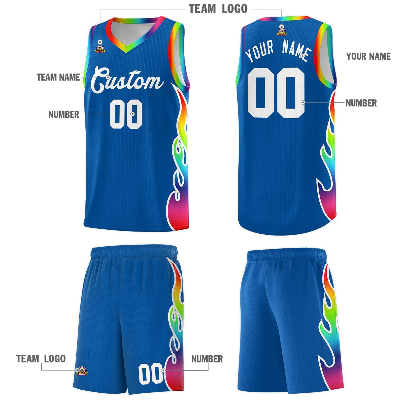 Custom Royal Side Flame Pattern Fashion Sports Uniform Basketball Jersey
