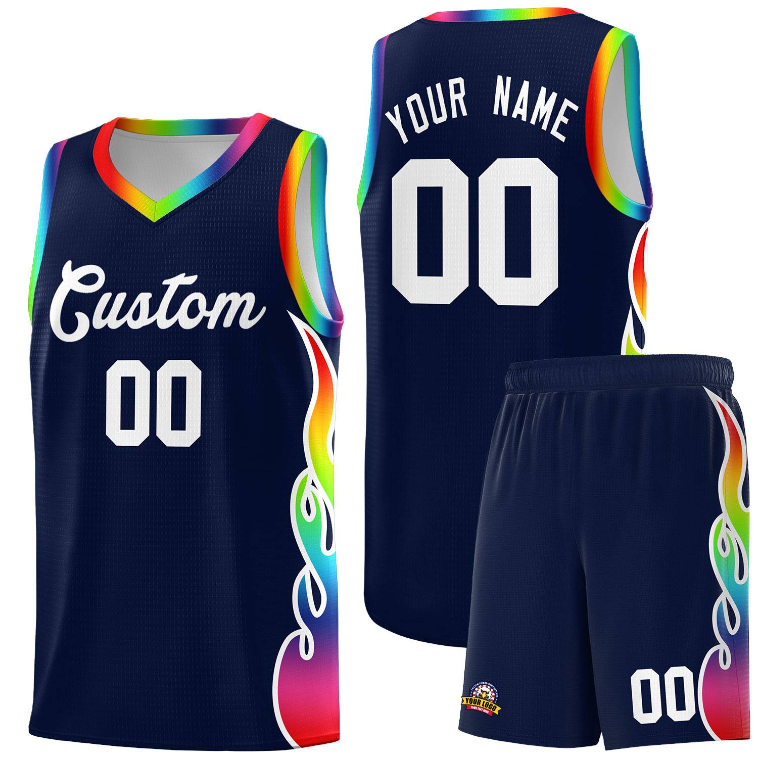 Custom Navy Side Flame Pattern Fashion Sports Uniform Basketball Jersey