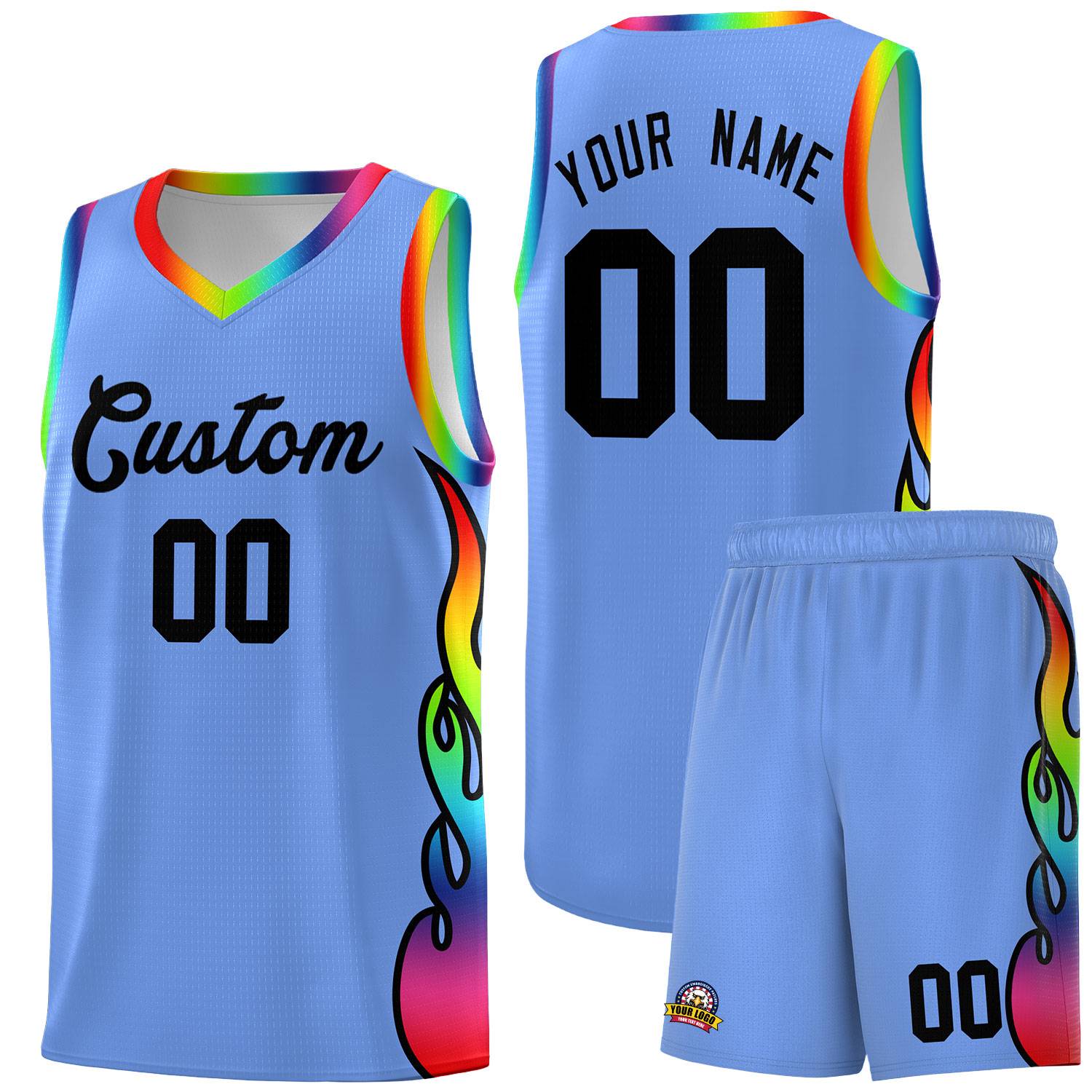 Custom Light Blue Side Flame Pattern Fashion Sports Uniform Basketball Jersey