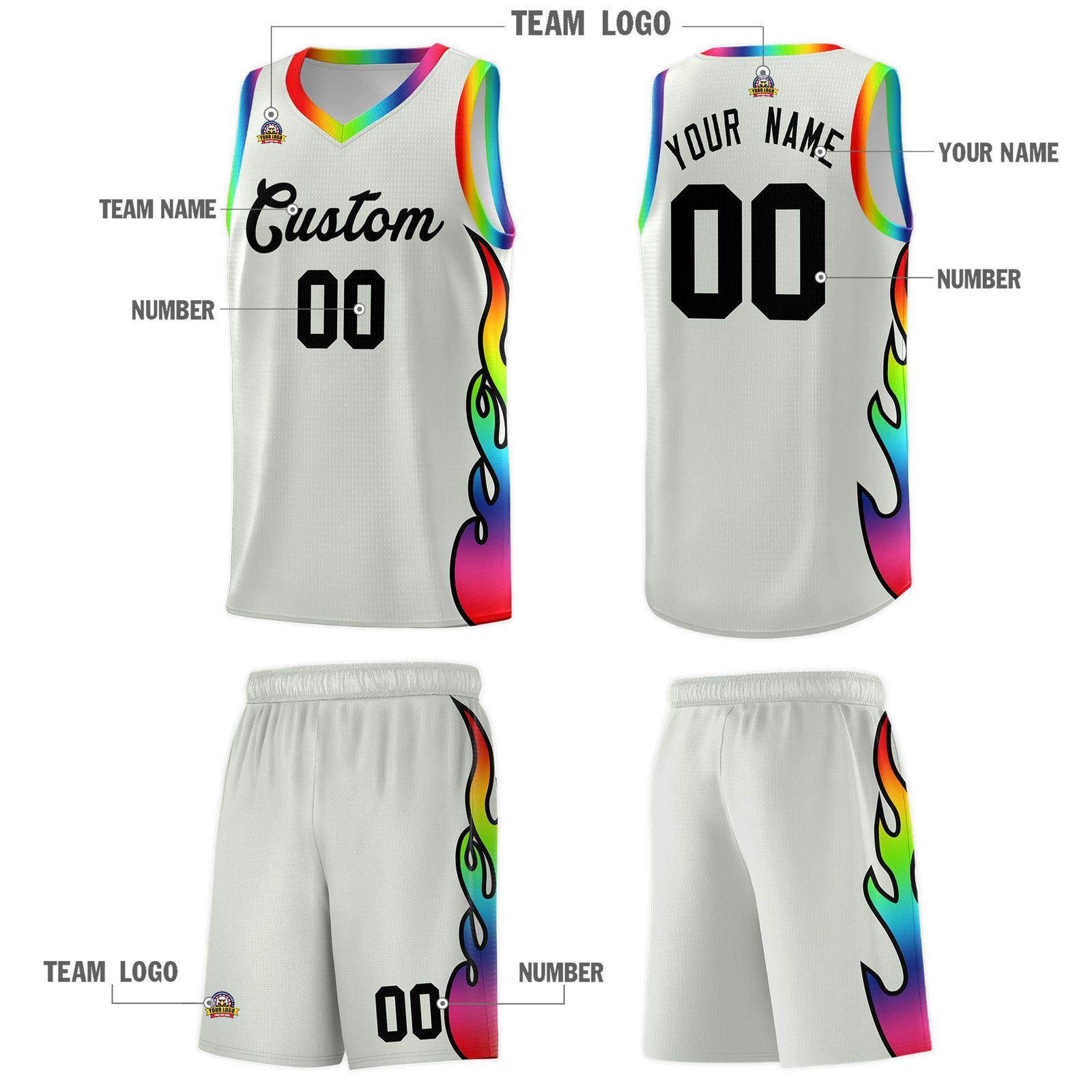 Custom Gray Side Flame Pattern Fashion Sports Uniform Basketball Jersey