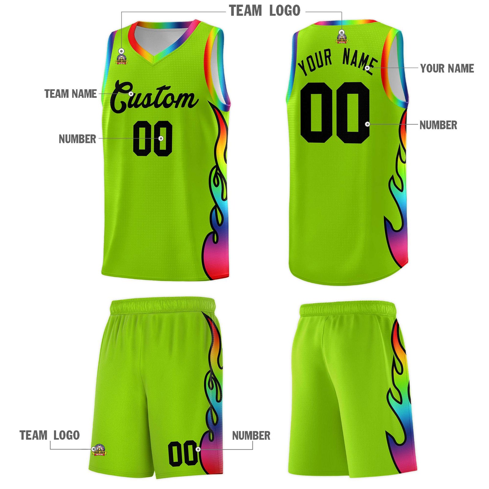 Custom Neon Green Side Flame Pattern Fashion Sports Uniform Basketball Jersey