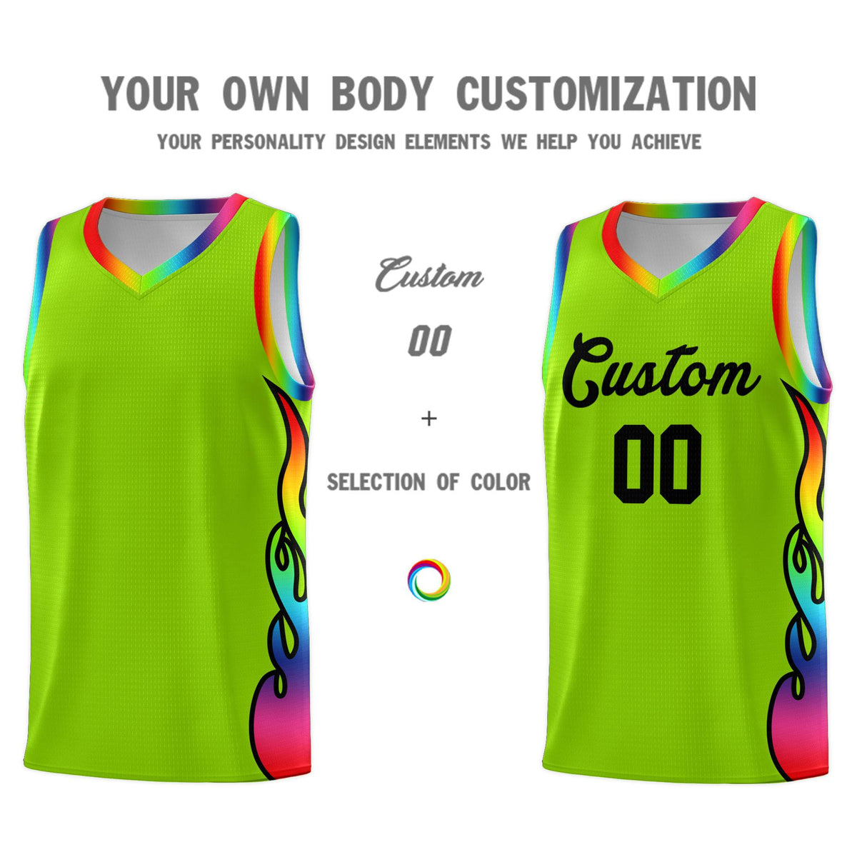 Custom Neon Green Side Flame Pattern Fashion Sports Uniform Basketball Jersey