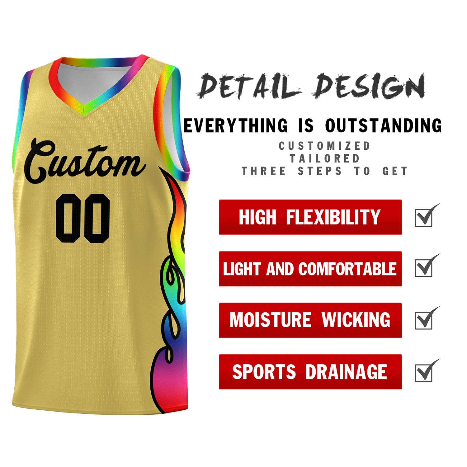 Custom Old Gold Side Flame Pattern Fashion Sports Uniform Basketball Jersey