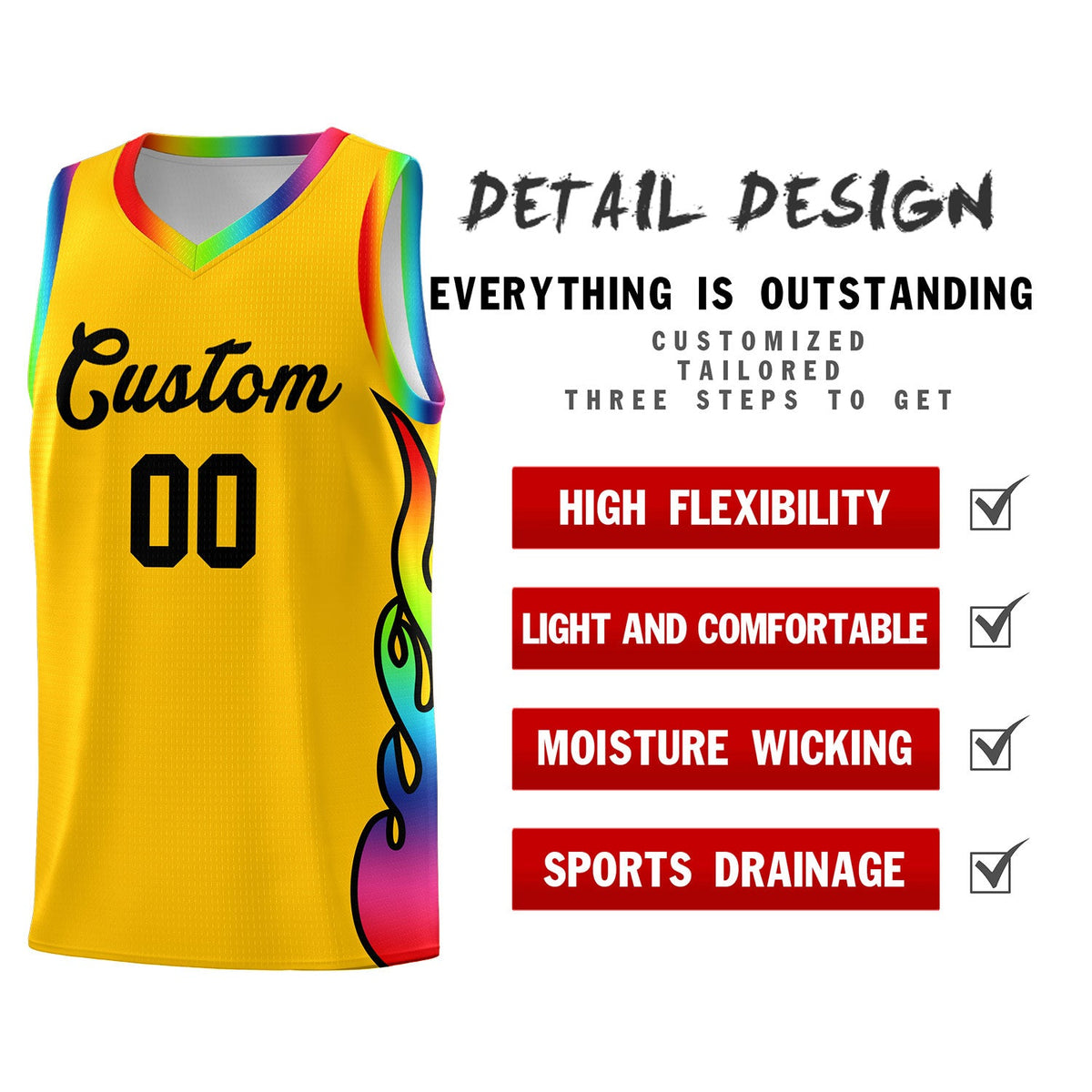Custom Yellow Side Flame Pattern Fashion Sports Uniform Basketball Jersey