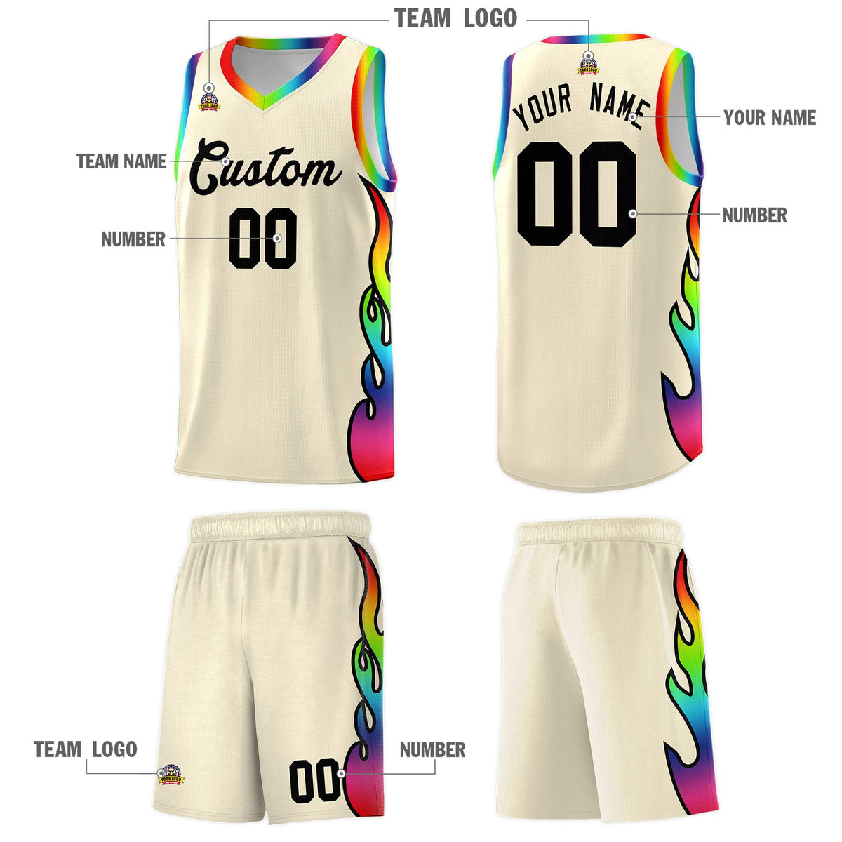 Custom Cream Side Flame Pattern Fashion Sports Uniform Basketball Jersey