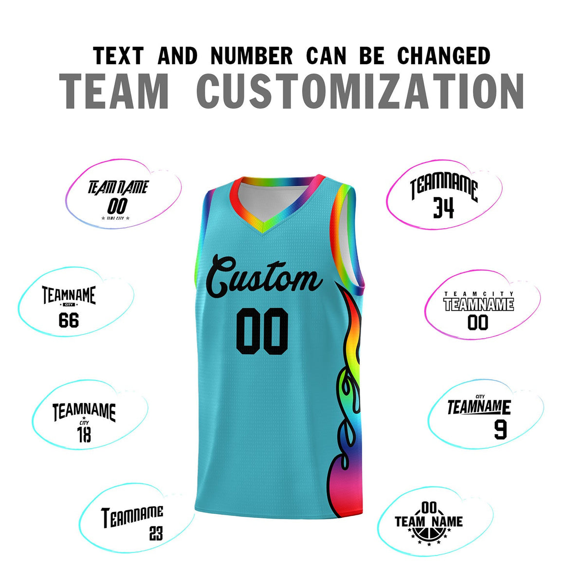 Custom Sky Blue Side Flame Pattern Fashion Sports Uniform Basketball Jersey