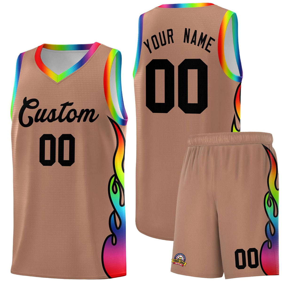 Custom Light Brown Side Flame Pattern Fashion Sports Uniform Basketball Jersey