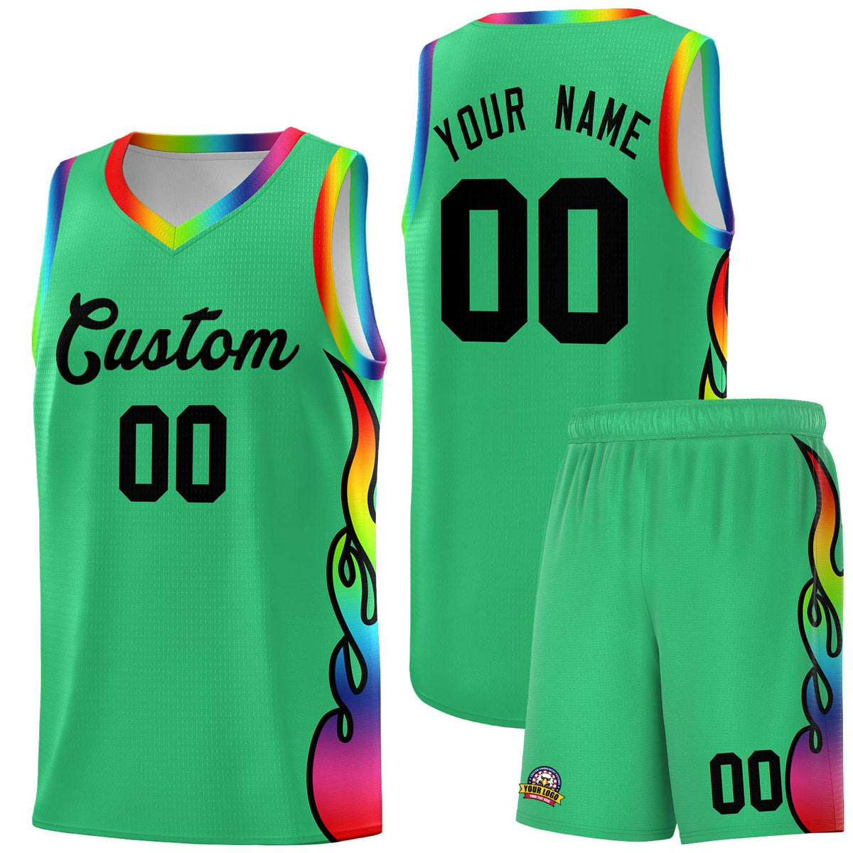 Custom Kelly Green Side Flame Pattern Fashion Sports Uniform Basketball Jersey